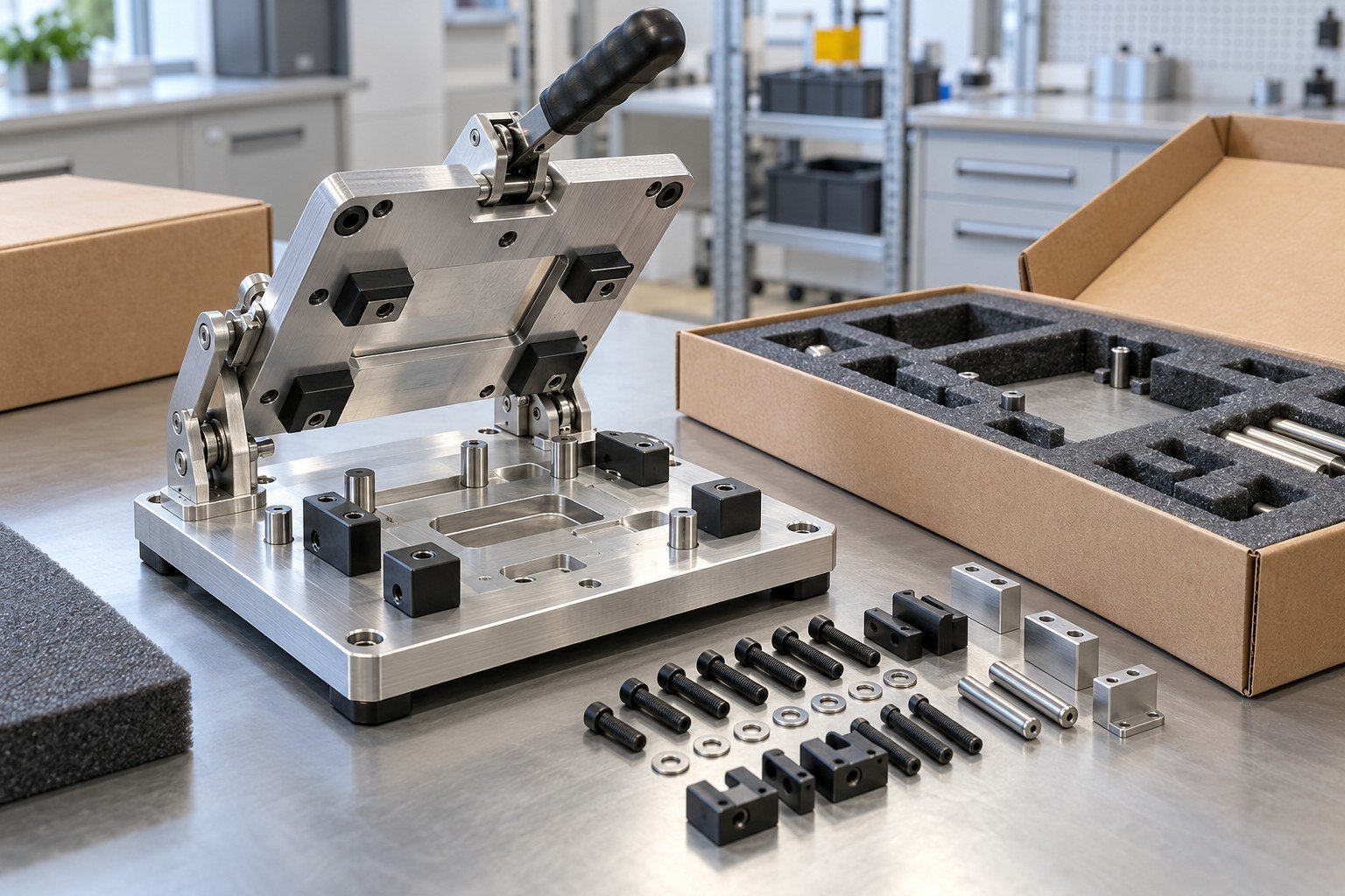 Open manual clamping fixture with controlled fasteners laid out in an orderly kit