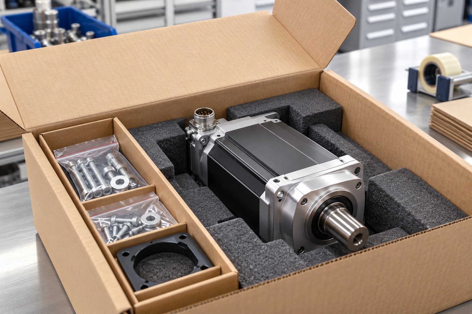 Finished product in open carton with shaped cushioning and separate hardware compartment