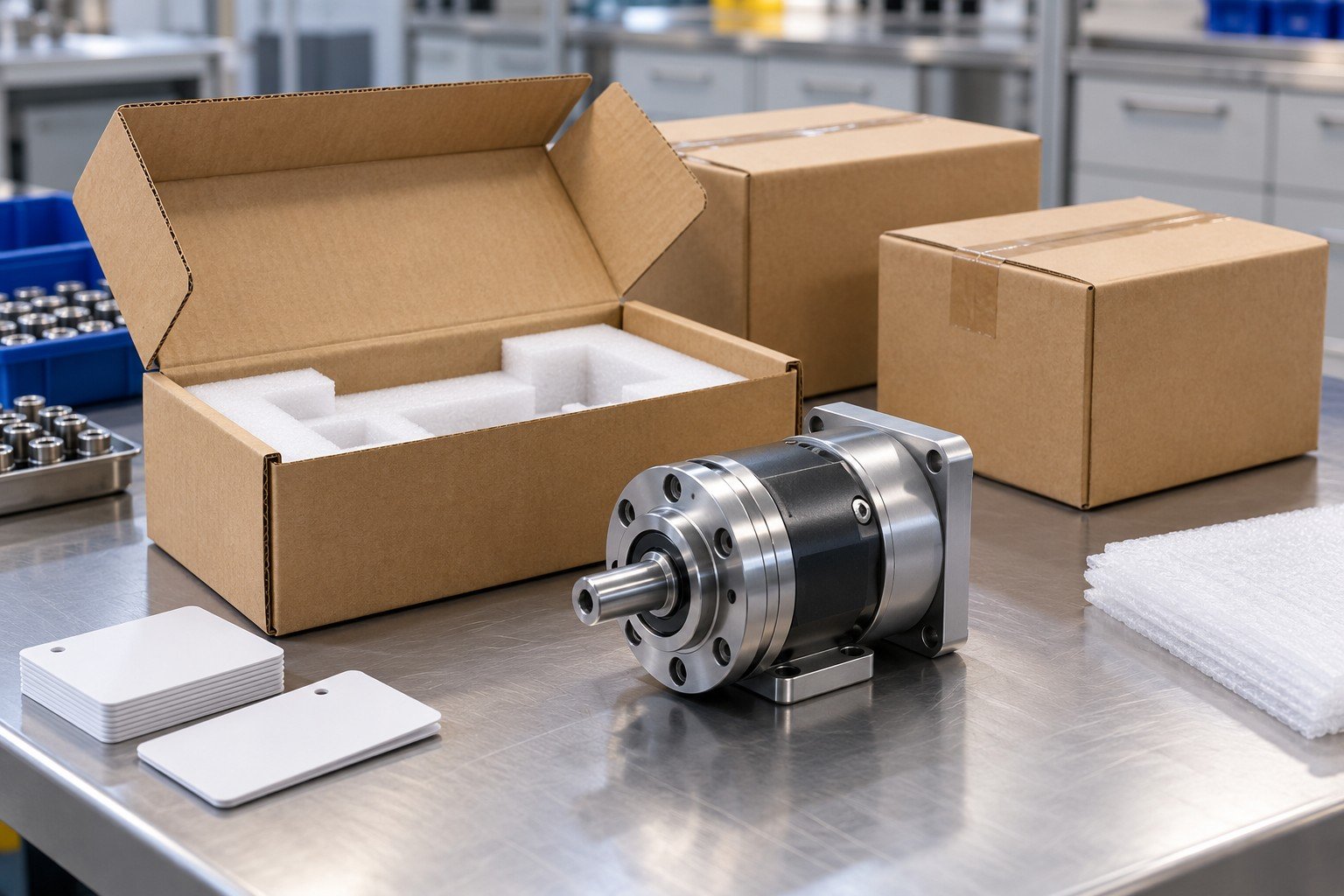 Closed and open cartons beside finished small mechanical product, blank identification cards