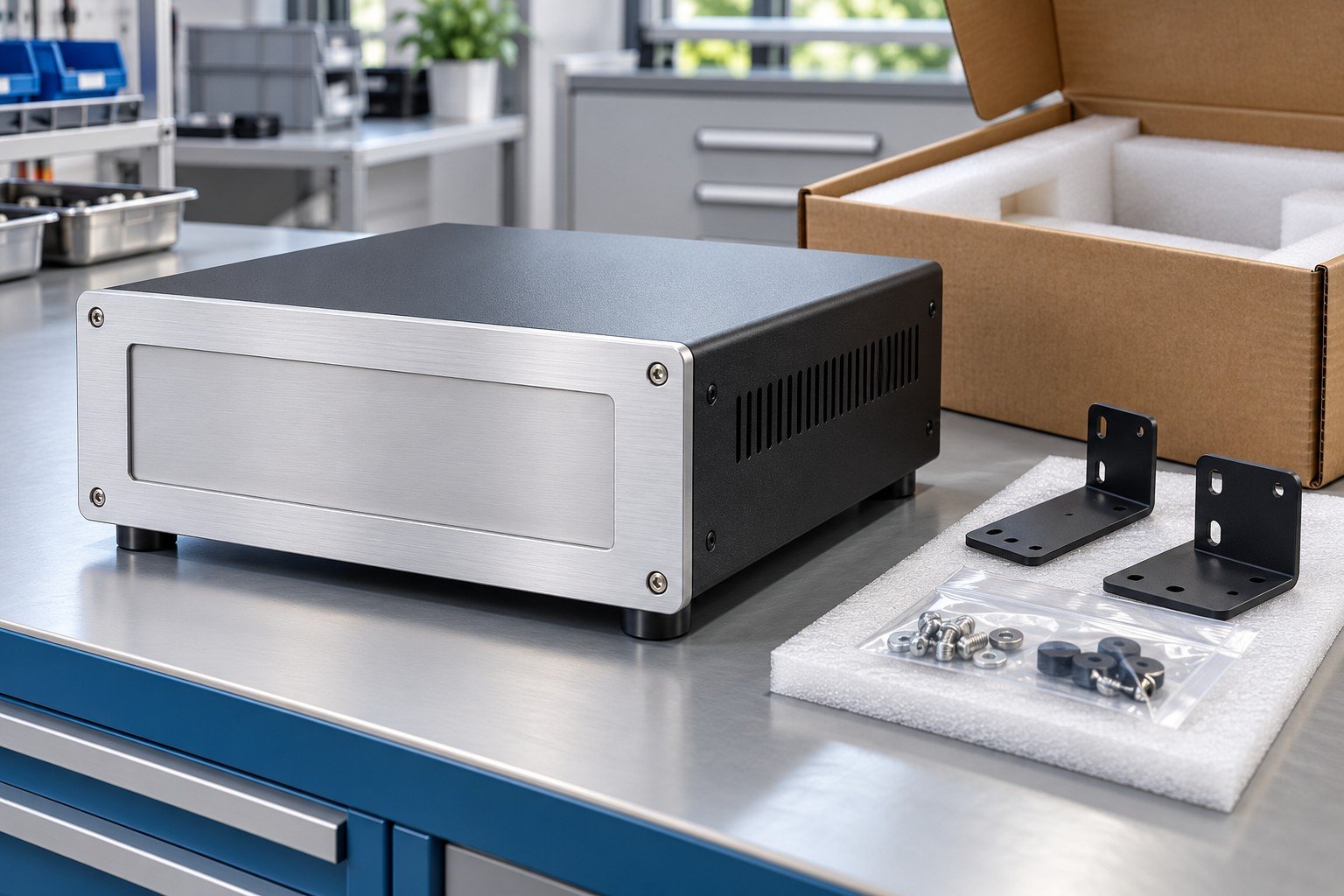 Finished industrial bench instrument housing with brushed aluminum front, dark metal shell, recessed unmarked panel and installed feet, closed housing with separately packed mounting brackets