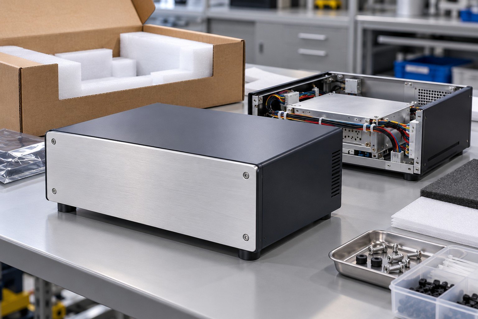 Finished industrial bench instrument housing with brushed aluminum front, dark metal shell, recessed unmarked panel and installed feet, open housing with internal carrier and neatly restrained unpowered connectors, no exposed energized circuits