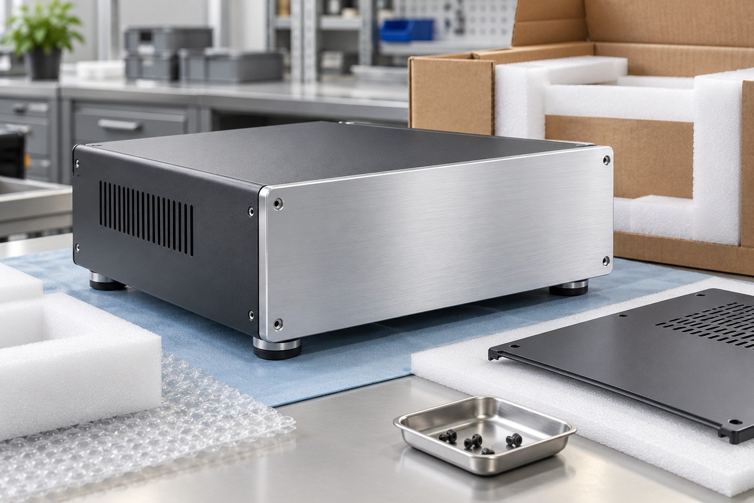 Finished industrial bench instrument housing with brushed aluminum front, dark metal shell, recessed unmarked panel and installed feet, housing with removable cover and protected polished visible faces