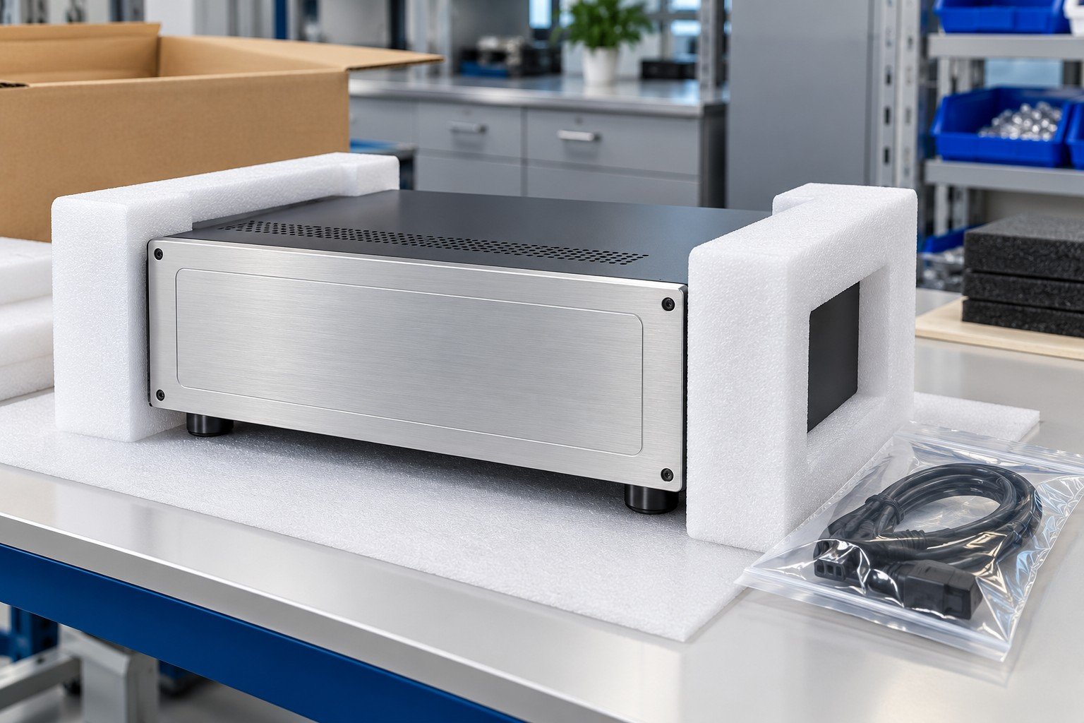 Finished industrial bench instrument housing with brushed aluminum front, dark metal shell, recessed unmarked panel and installed feet, housing in cushioning end caps with isolated cable bag