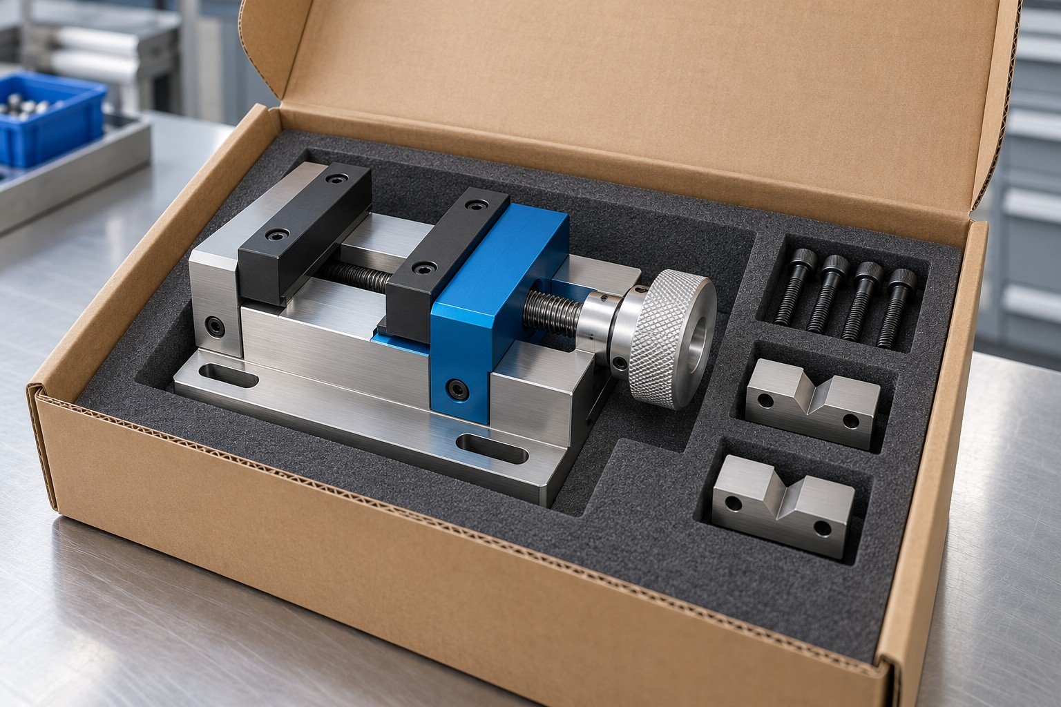 Illustrative finished-product packaging concept: complete manual positioning vise in fitted cushioning with isolated mounting hardware and adapter jaws