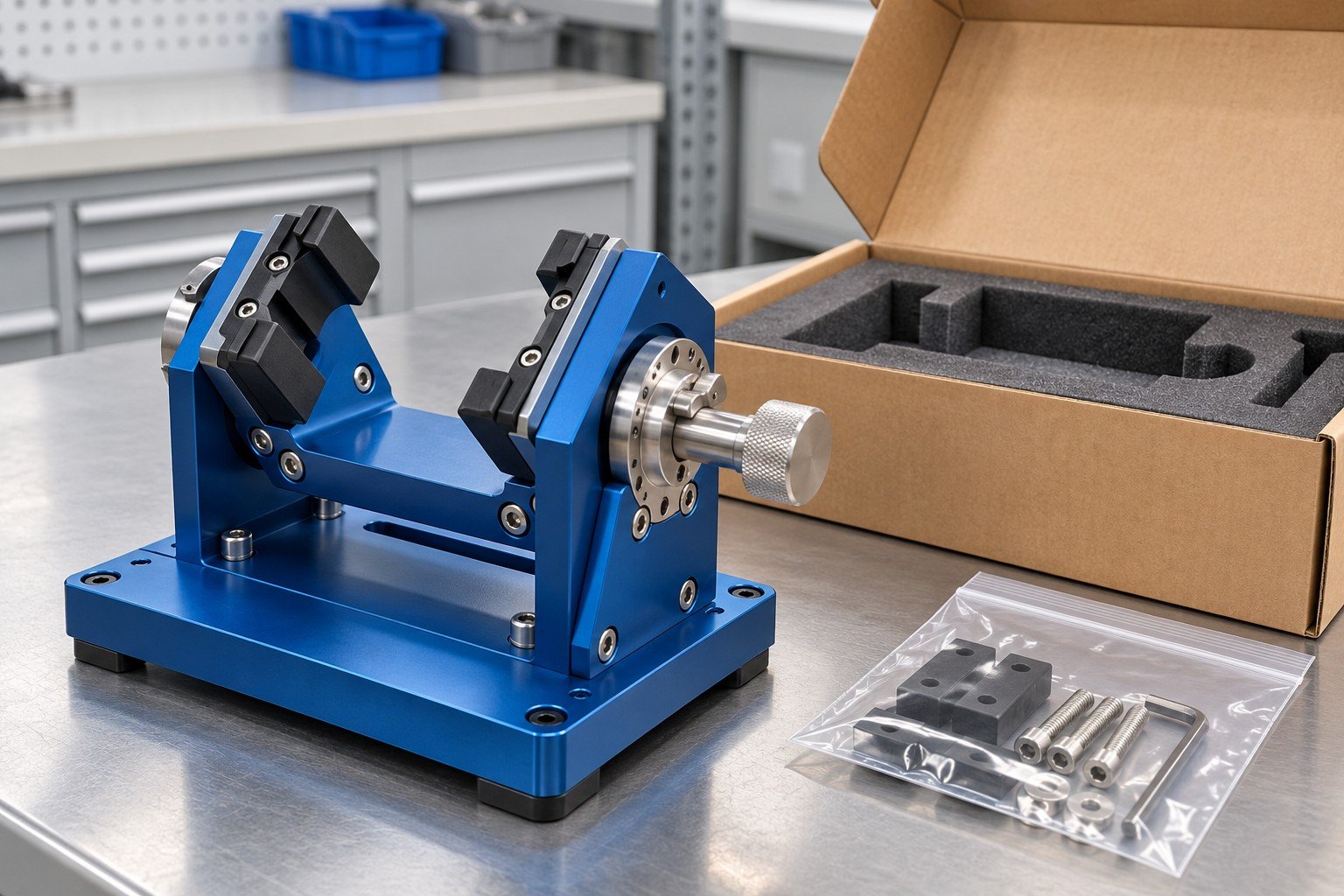 Finished industrial manual inspection fixture: compact anodized blue tilting cradle with stainless adjustment spindle, rubber-tipped jaws and robust rectangular base, beside open protective carton with fitted foam and separate accessory bag; sophisticated plausible finished product, no motor or power cable