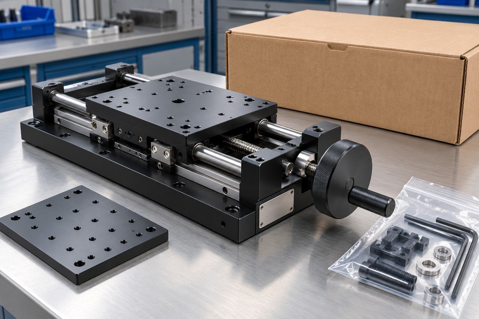 Finished anodized tabletop hand-crank positioning stage with steel rails, pointerless unmarked handwheel and removable platform, complete unit with blank identification plate and separate accessory pouch