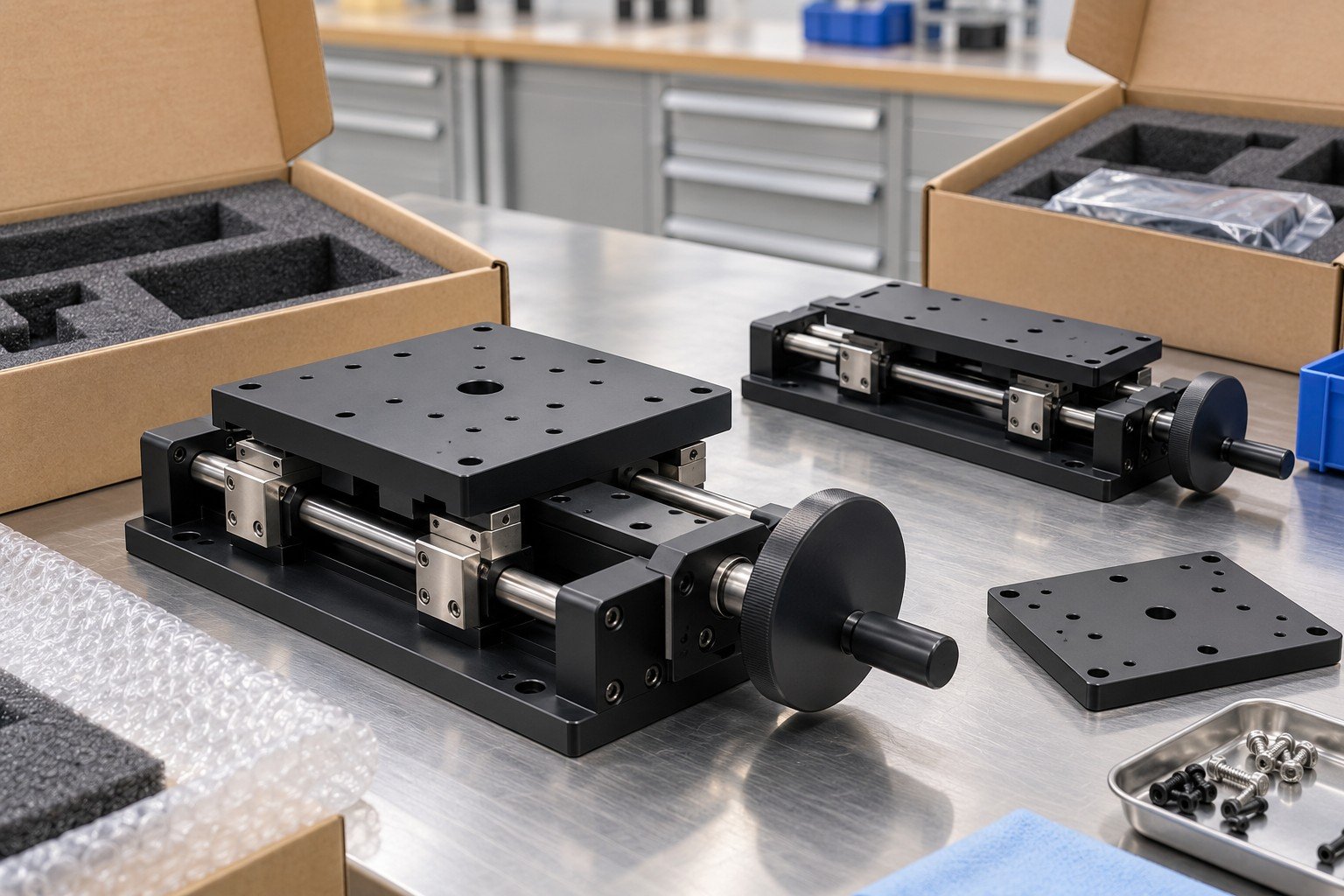 Finished anodized tabletop hand-crank positioning stage with steel rails, pointerless unmarked handwheel and removable platform, two clearly distinct configuration variants separated on bench