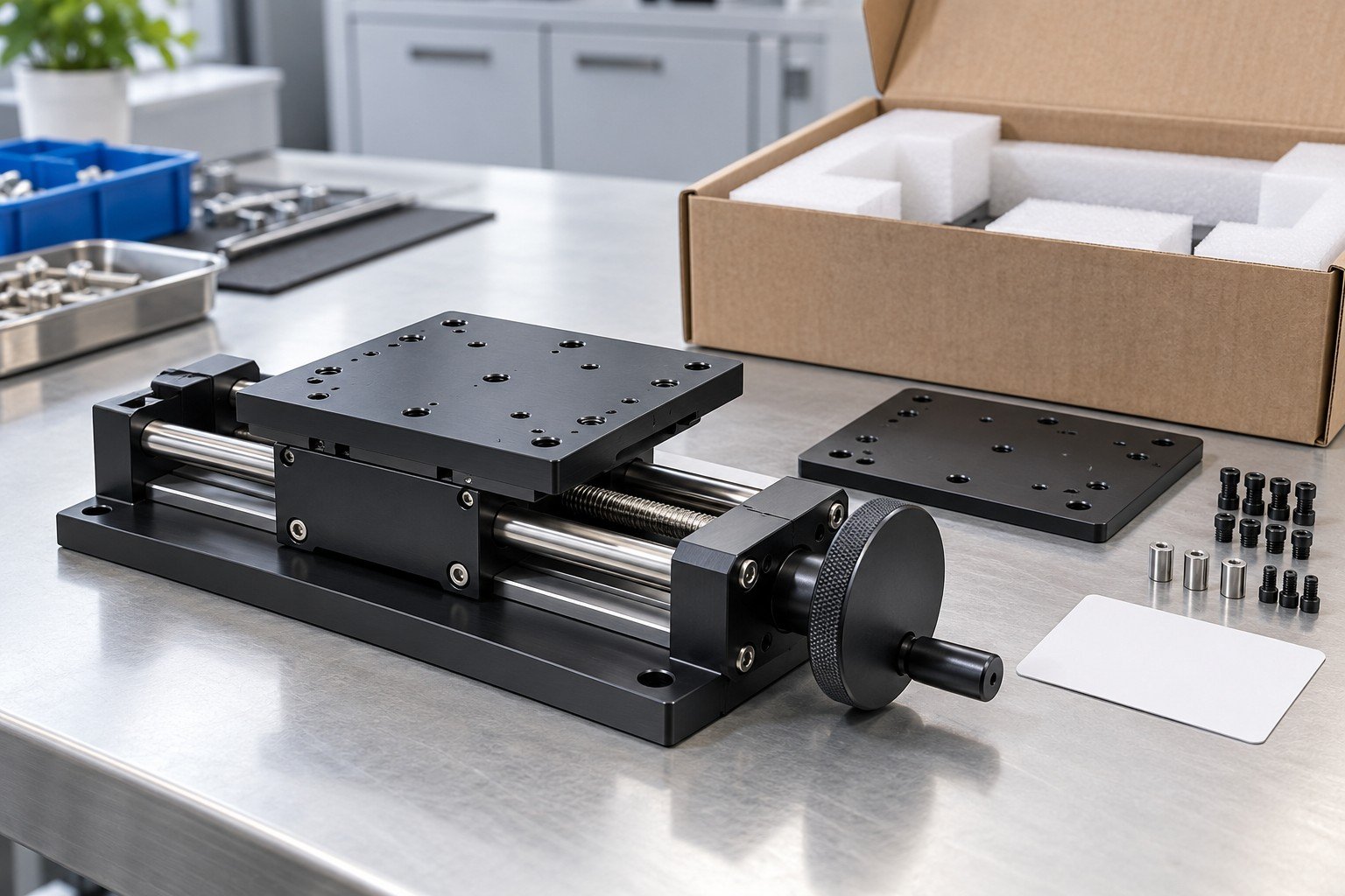 Finished anodized tabletop hand-crank positioning stage with steel rails, pointerless unmarked handwheel and removable platform, unit with blank product plate and unprinted packing card beside component kit