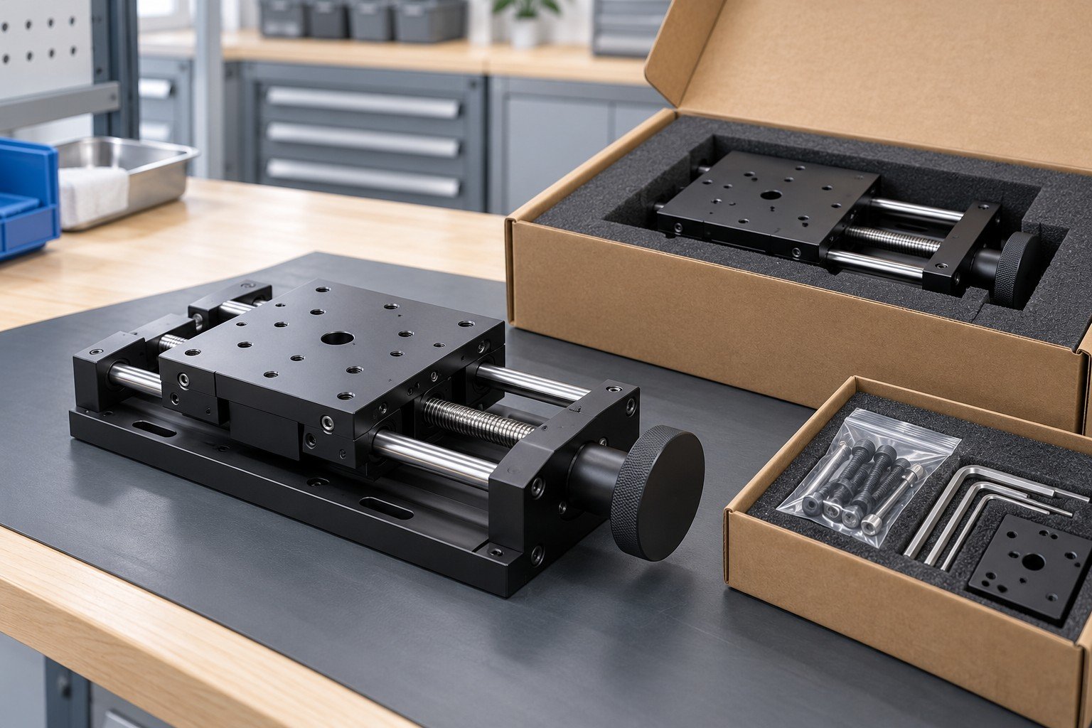 Finished anodized tabletop hand-crank positioning stage with steel rails, pointerless unmarked handwheel and removable platform, one finished stage in fitted box with one matching accessory pack, blank labels
