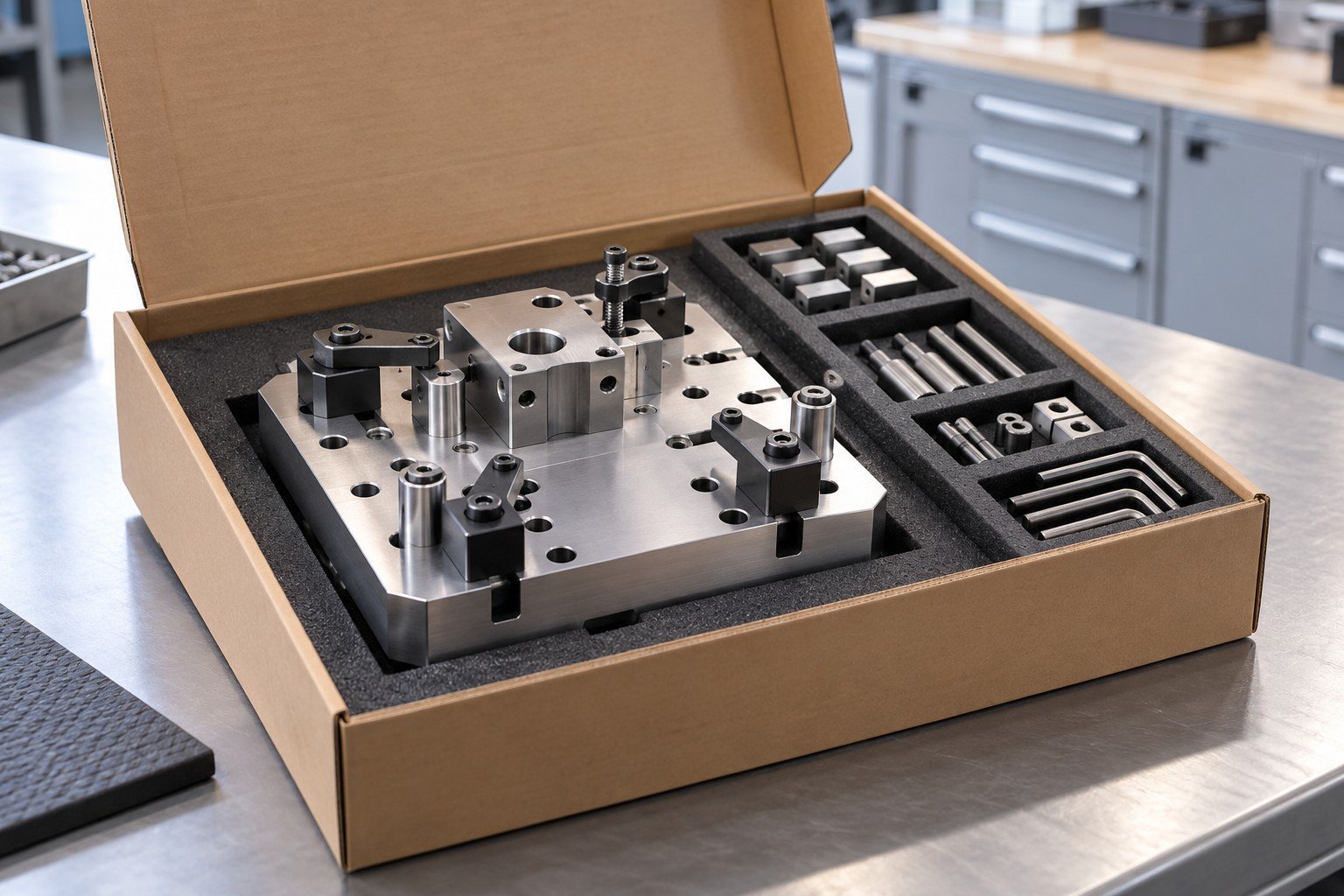 Finished manual workholding fixture and accessory kit in custom protective carton