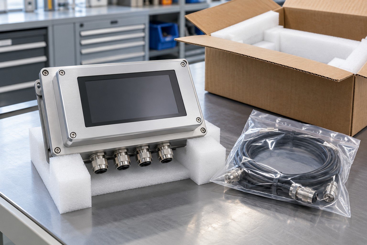 Completed industrial instrument enclosure with protected face and separated cable bag