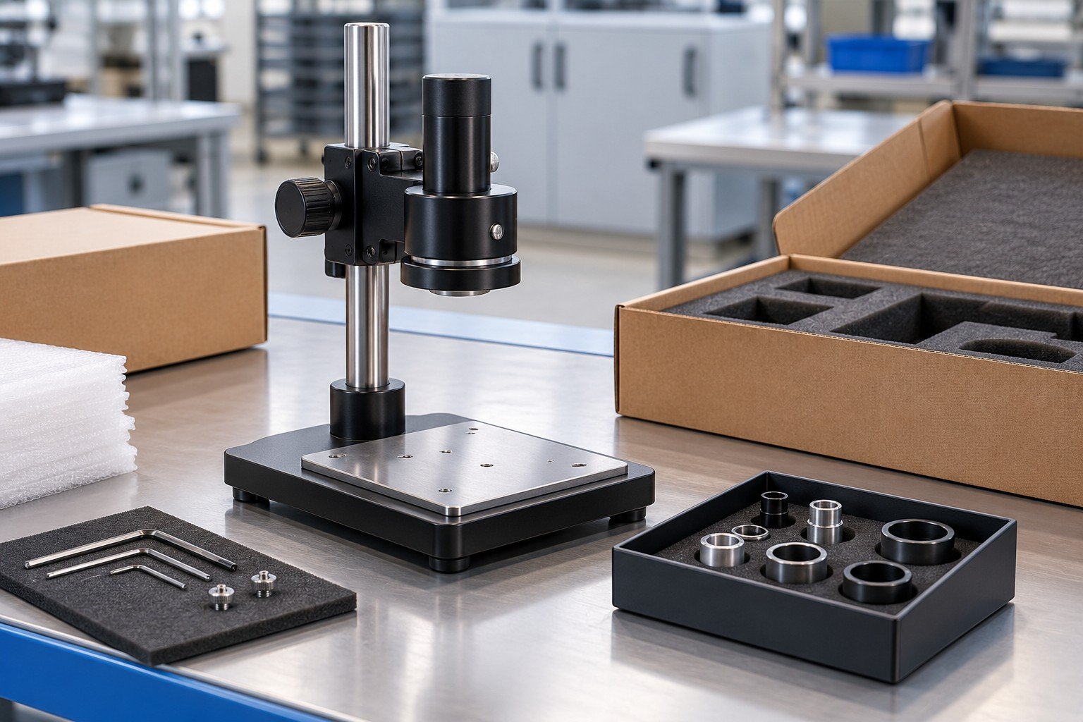 Finished compact inspection stand with adjustable head and isolated adapter tray