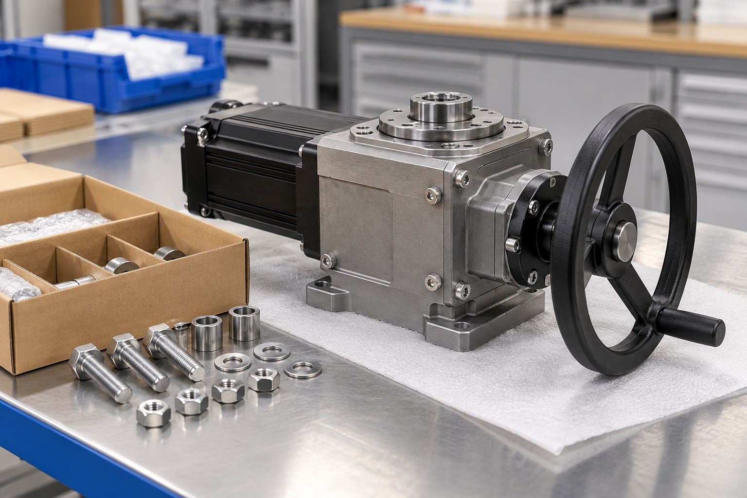 Completed manual positioning stage with protected handwheel and separate mounting hardware