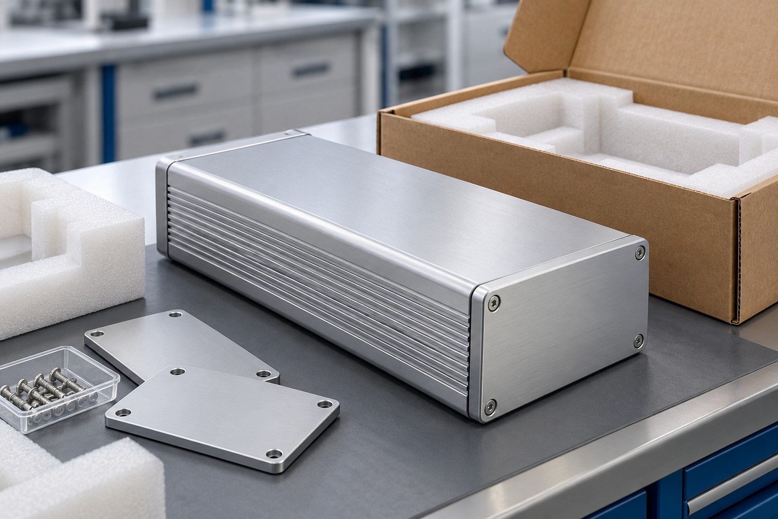 Closed finished metal instrument enclosure with removable end caps beside cushioning inserts