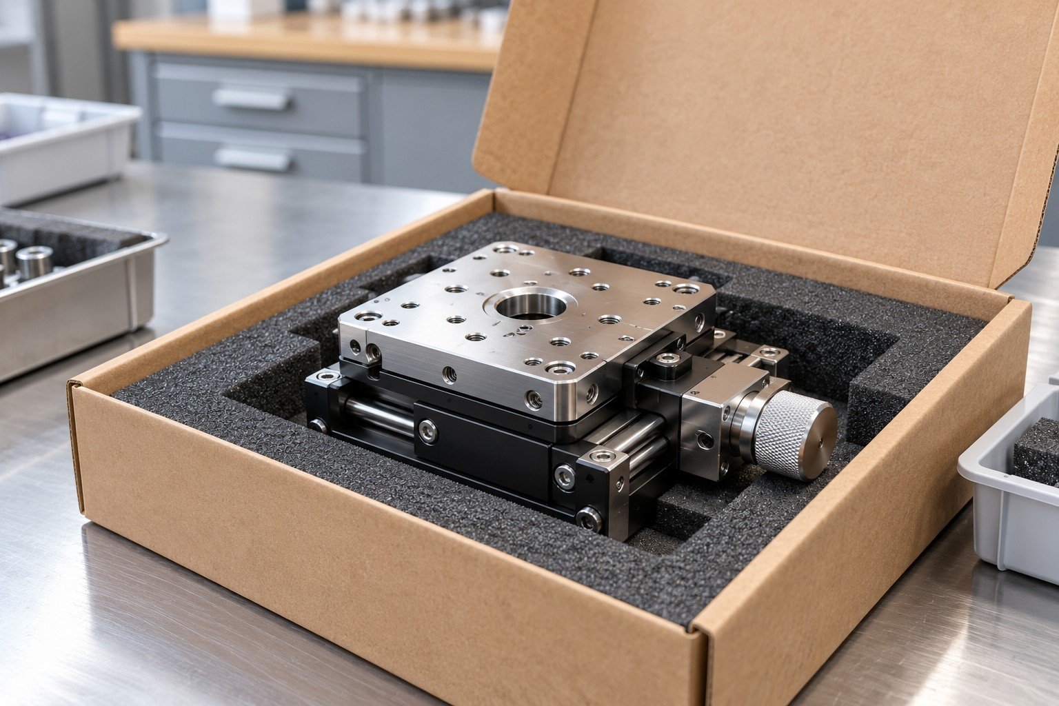 Compact finished mechanical positioning tool supported in foam at its base