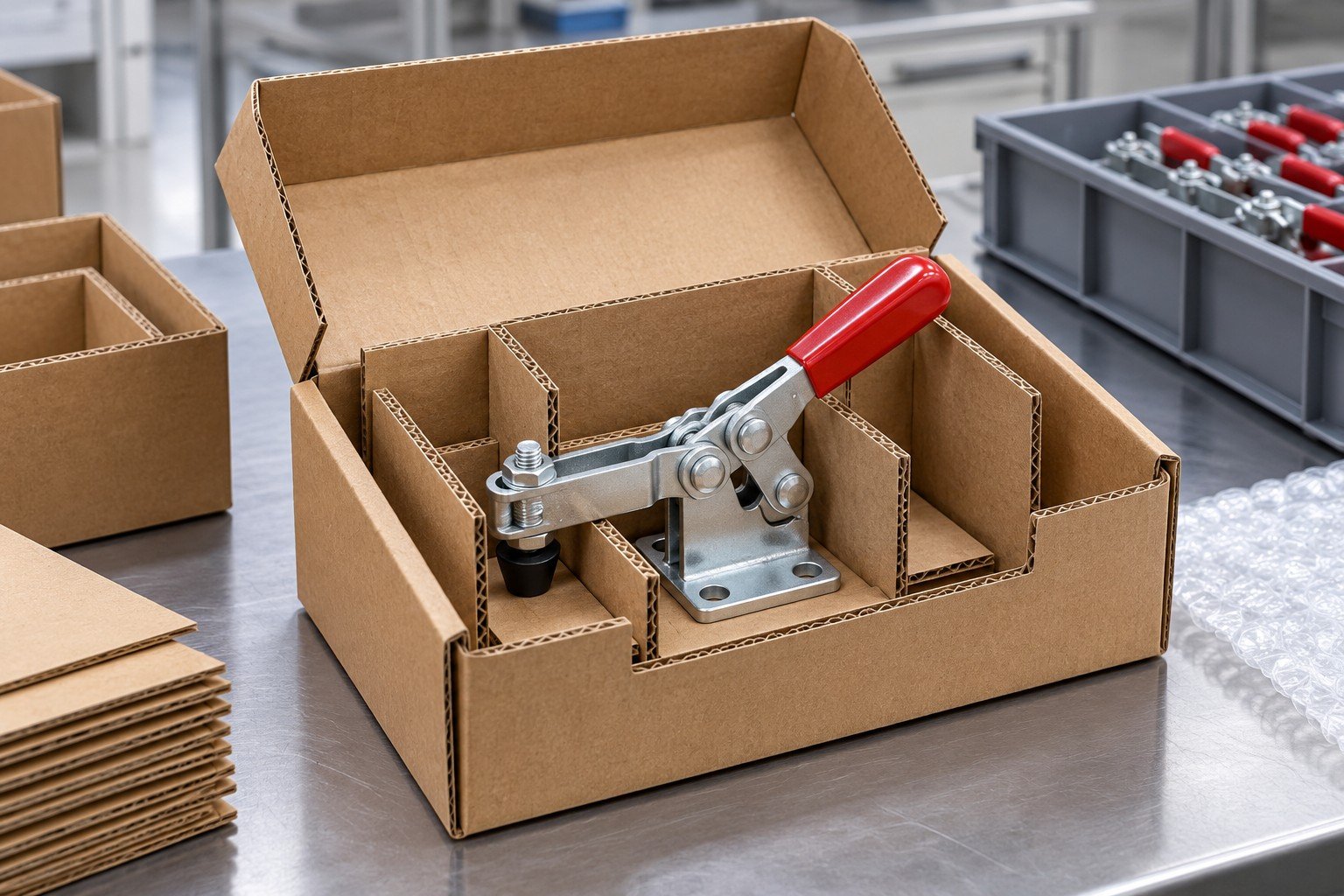 Corrugated partition set around a small finished manual clamping product