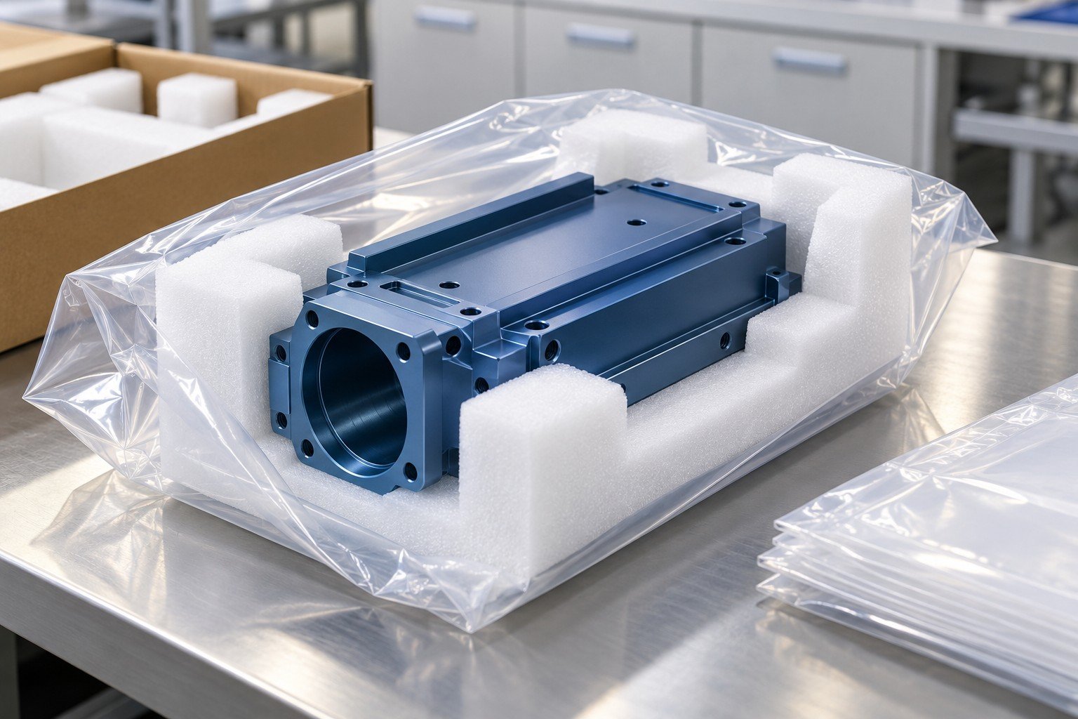 Shaped foam support and clean protective bag surrounding finished anodized product