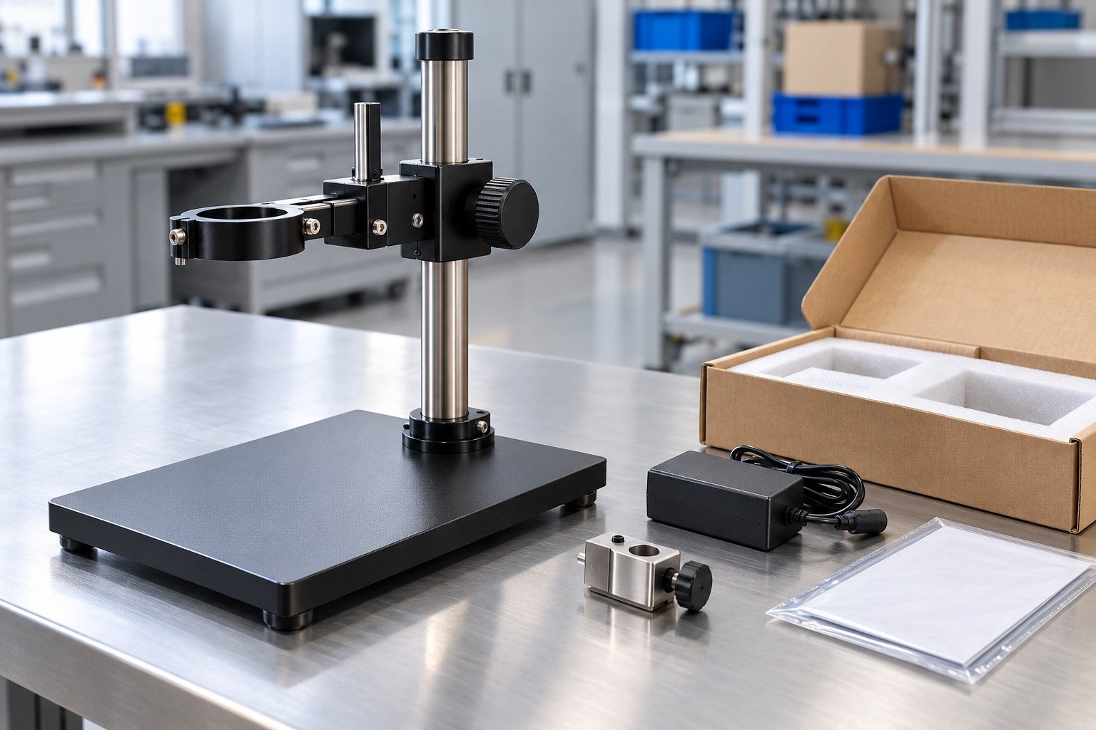 Main finished inspection stand with separately isolated hardware, adapter and document sleeve