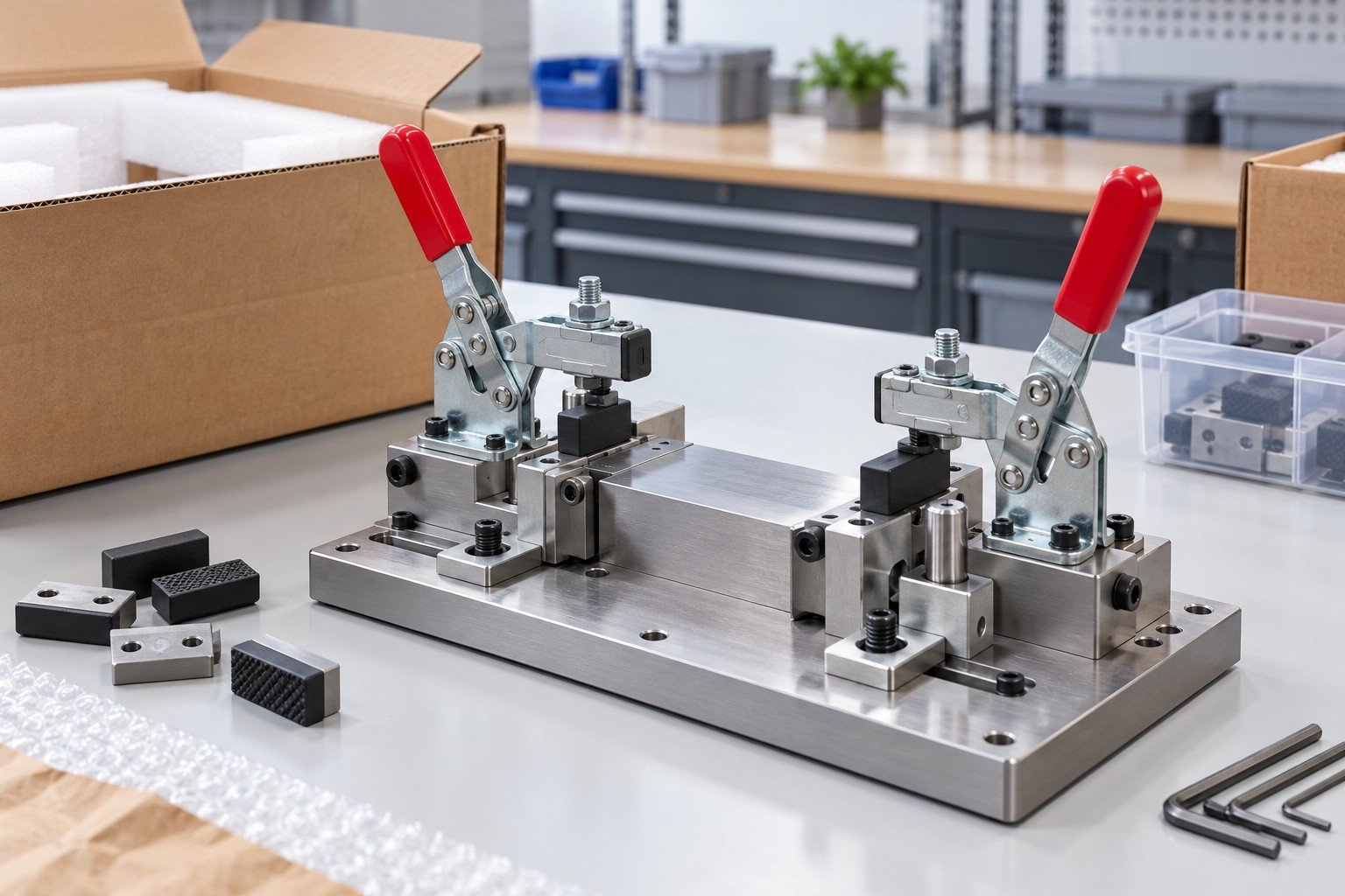 Completed compact manual toggle-clamp workholding station with two clamps, replaceable jaw pads, baseplate and adjustable stops, assembled working configuration on clean table
