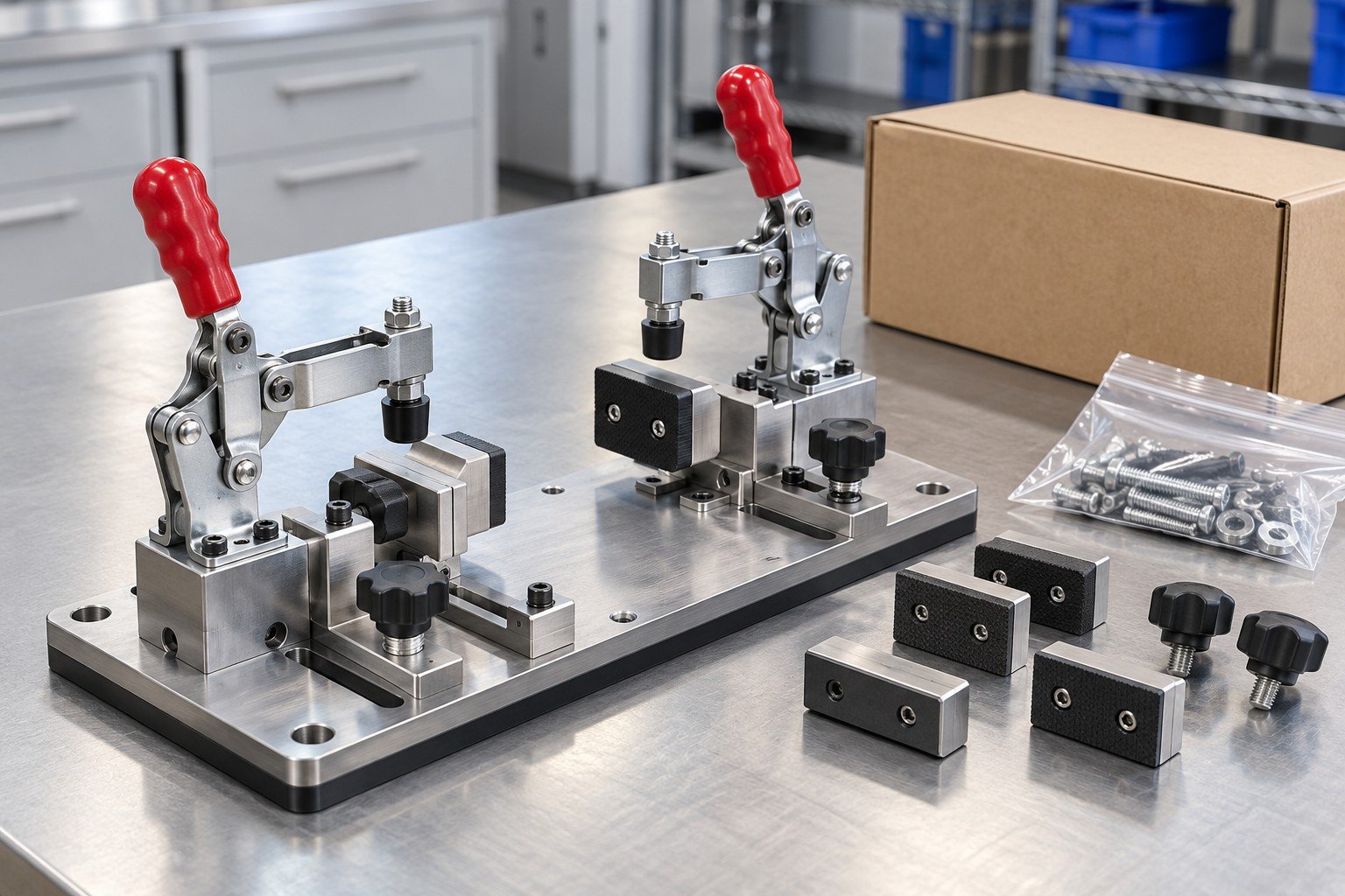Completed compact manual toggle-clamp workholding station with two clamps, replaceable jaw pads, baseplate and adjustable stops, alongside separately supplied jaw pads, knobs and fastening bag
