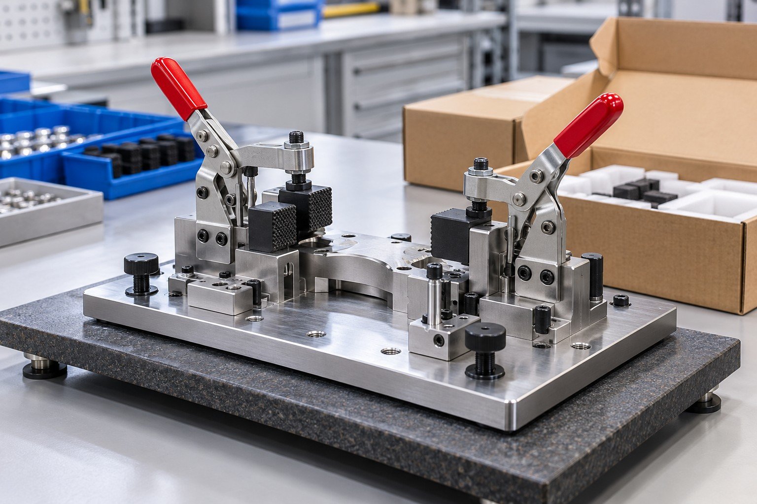 Completed compact manual toggle-clamp workholding station with two clamps, replaceable jaw pads, baseplate and adjustable stops, positioned on dedicated mating gauge, no readings or certification labels