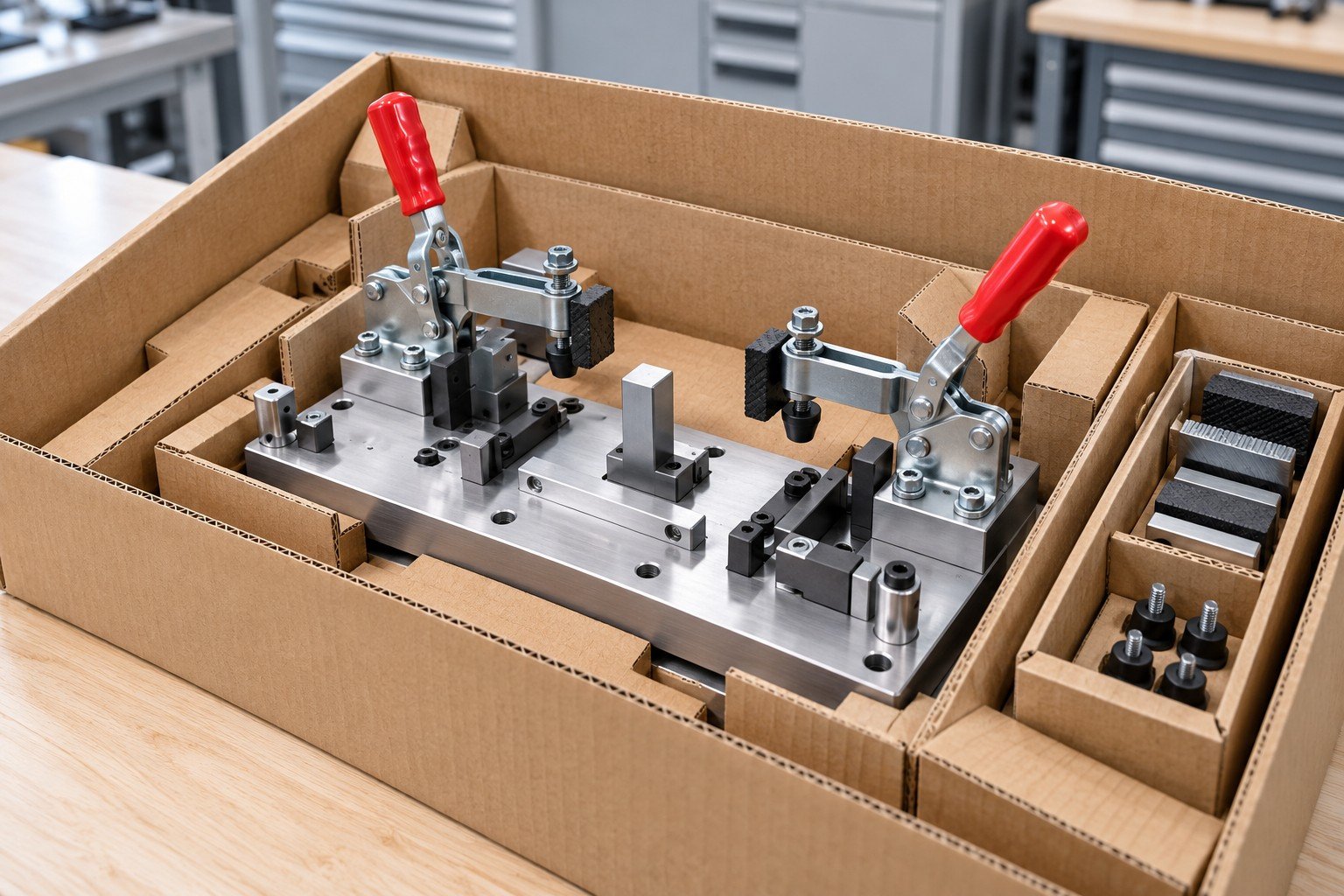 Completed compact manual toggle-clamp workholding station with two clamps, replaceable jaw pads, baseplate and adjustable stops, held in fitted corrugated dividers with separate accessory pocket