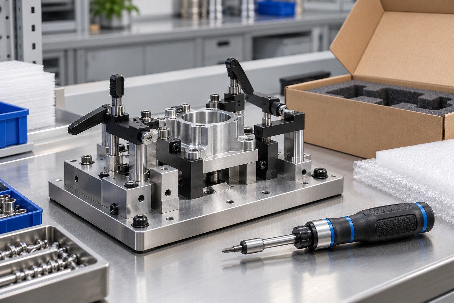 Completed manual clamping fixture with accessible tightening points beside torque screwdriver