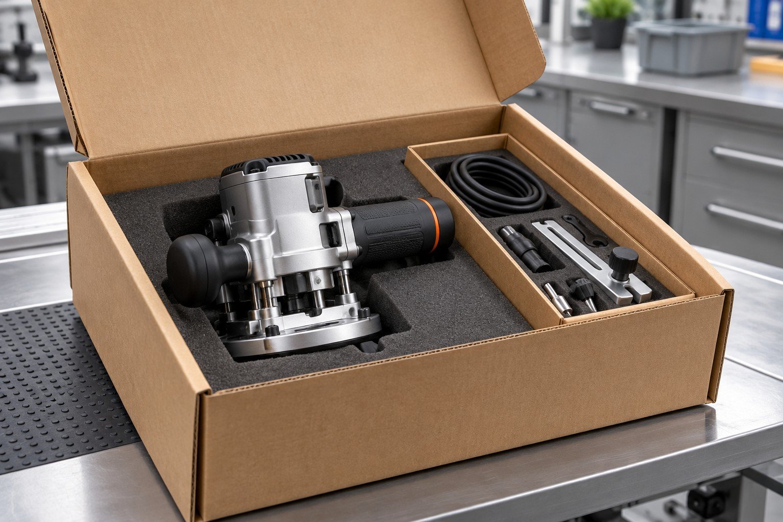 Finished tabletop tool and separate accessory tray inside robust open corrugated carton