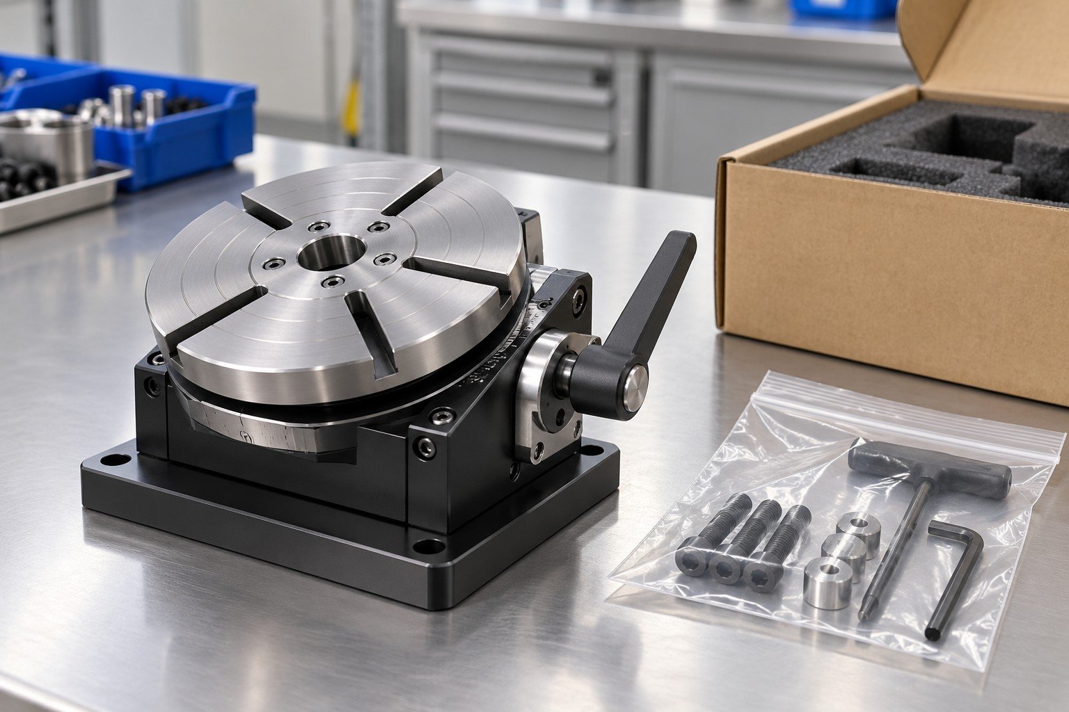 Finished compact manual rotary indexing fixture with slotted circular steel worktable, locking lever and anodized rectangular base, fully assembled on clean bench beside separate accessory bag