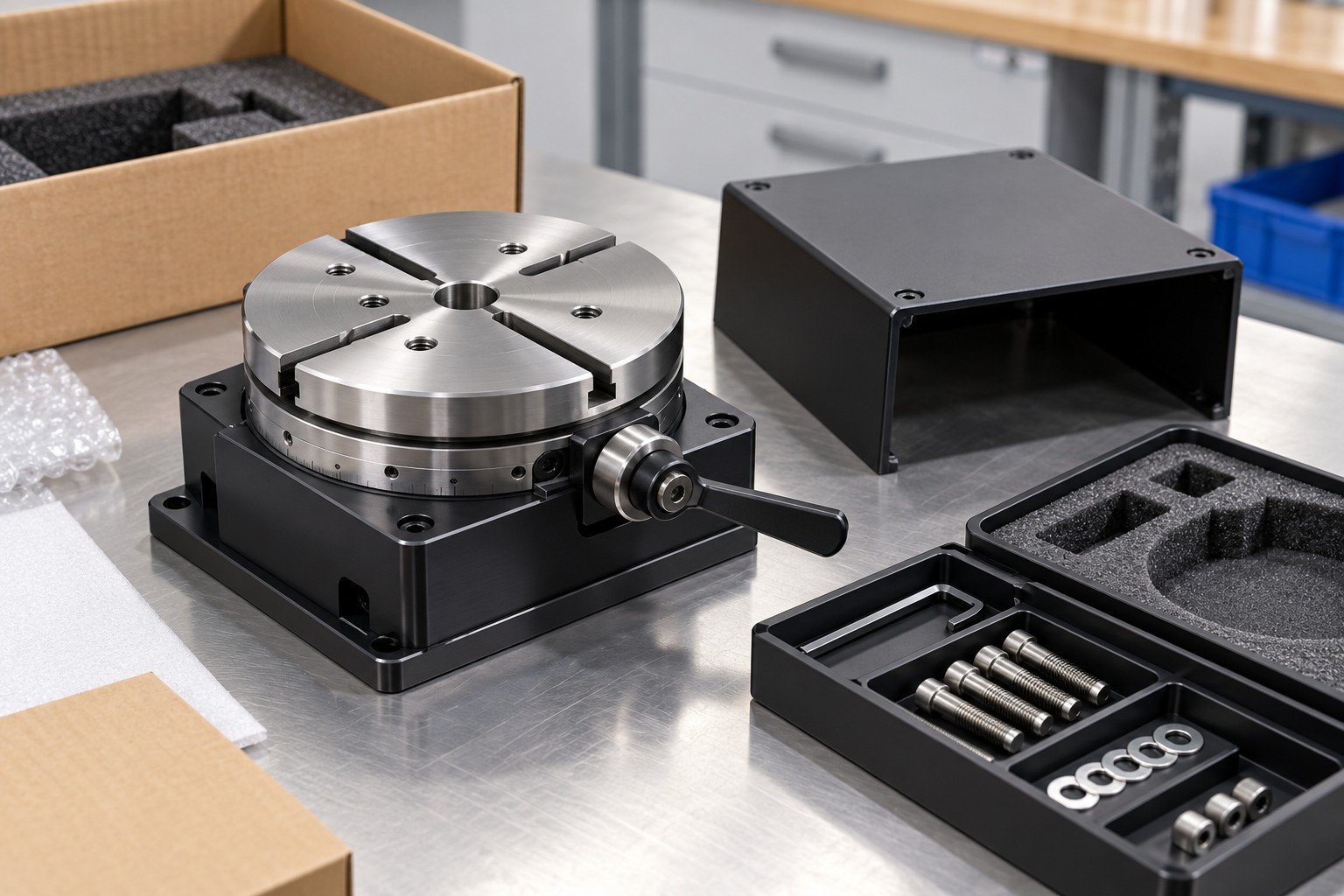 Finished compact manual rotary indexing fixture with slotted circular steel worktable, locking lever and anodized rectangular base, beside controlled component trays with its removed cover and approved fastening items