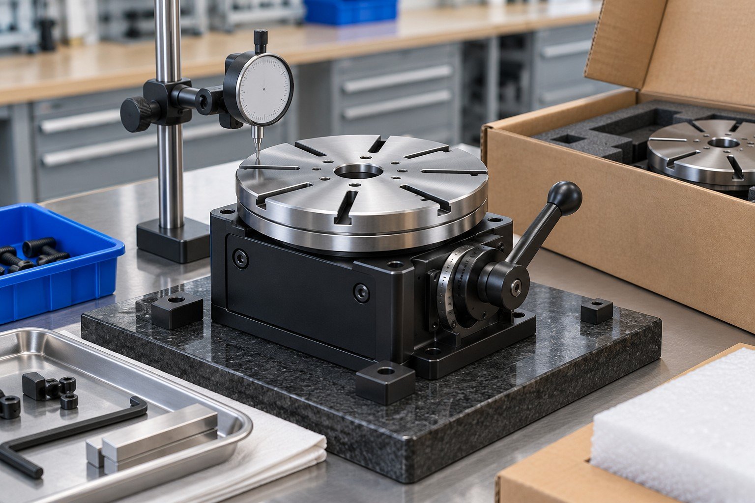 Finished compact manual rotary indexing fixture with slotted circular steel worktable, locking lever and anodized rectangular base, on a simple checking nest with a dial indicator but no displayed reading