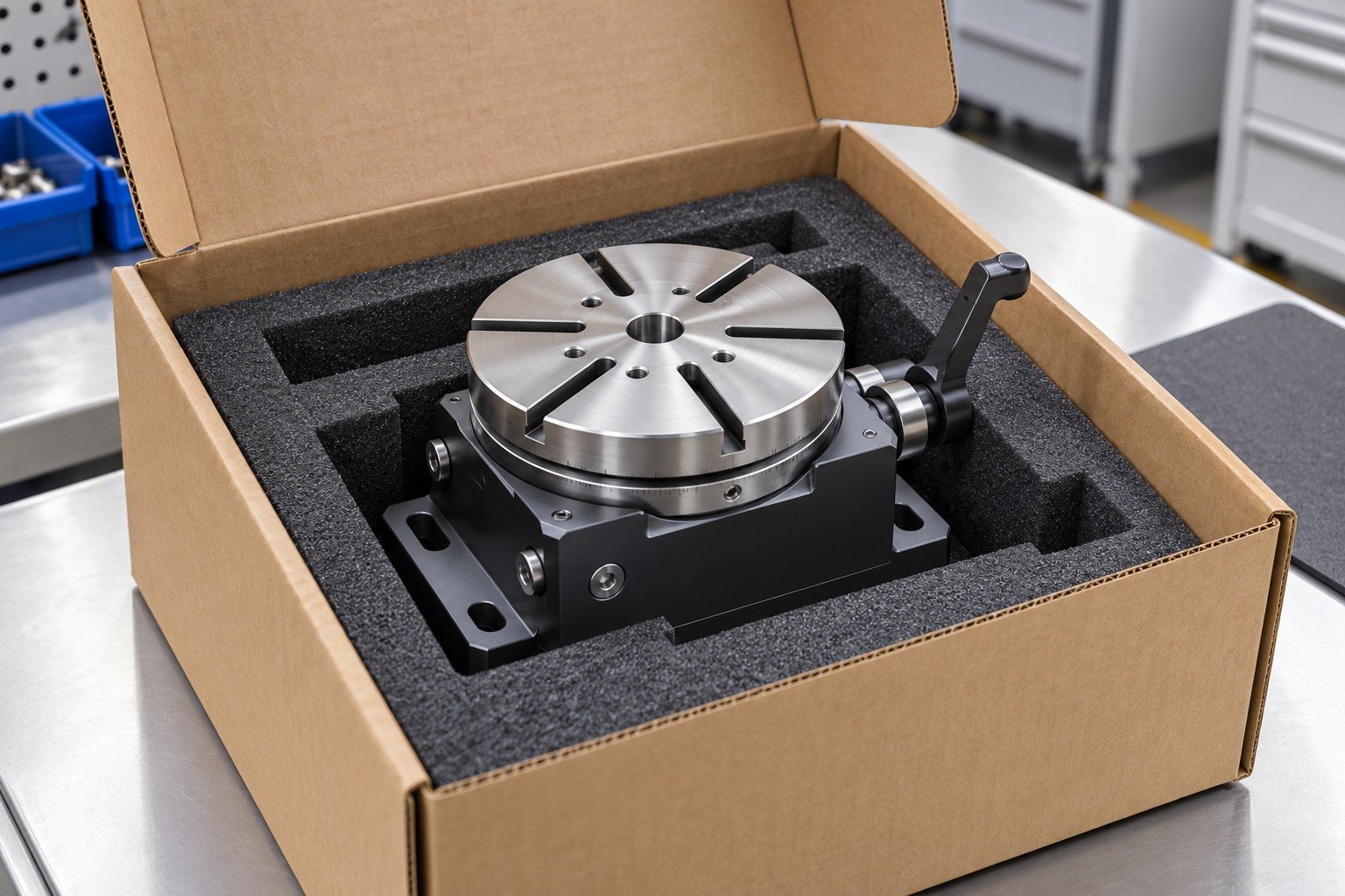 Finished compact manual rotary indexing fixture with slotted circular steel worktable, locking lever and anodized rectangular base, inside a fitted foam tray in open corrugated carton