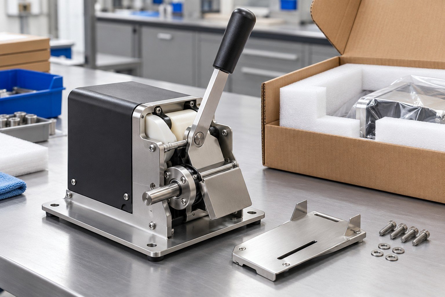 Finished metal and polymer benchtop dispenser mechanism with lever, enclosure, shaft and removable guide plate, entire mechanism showing vulnerable lever and exposed mounting interfaces