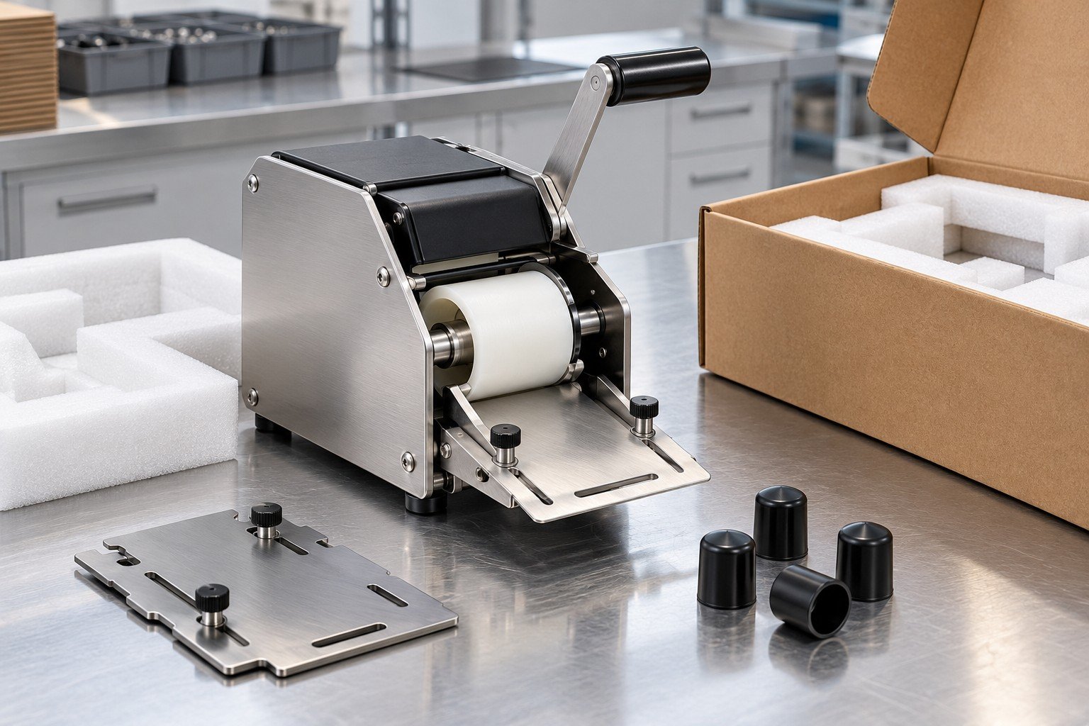Finished metal and polymer benchtop dispenser mechanism with lever, enclosure, shaft and removable guide plate, mechanism beside clean cushioning inserts and separate protective caps