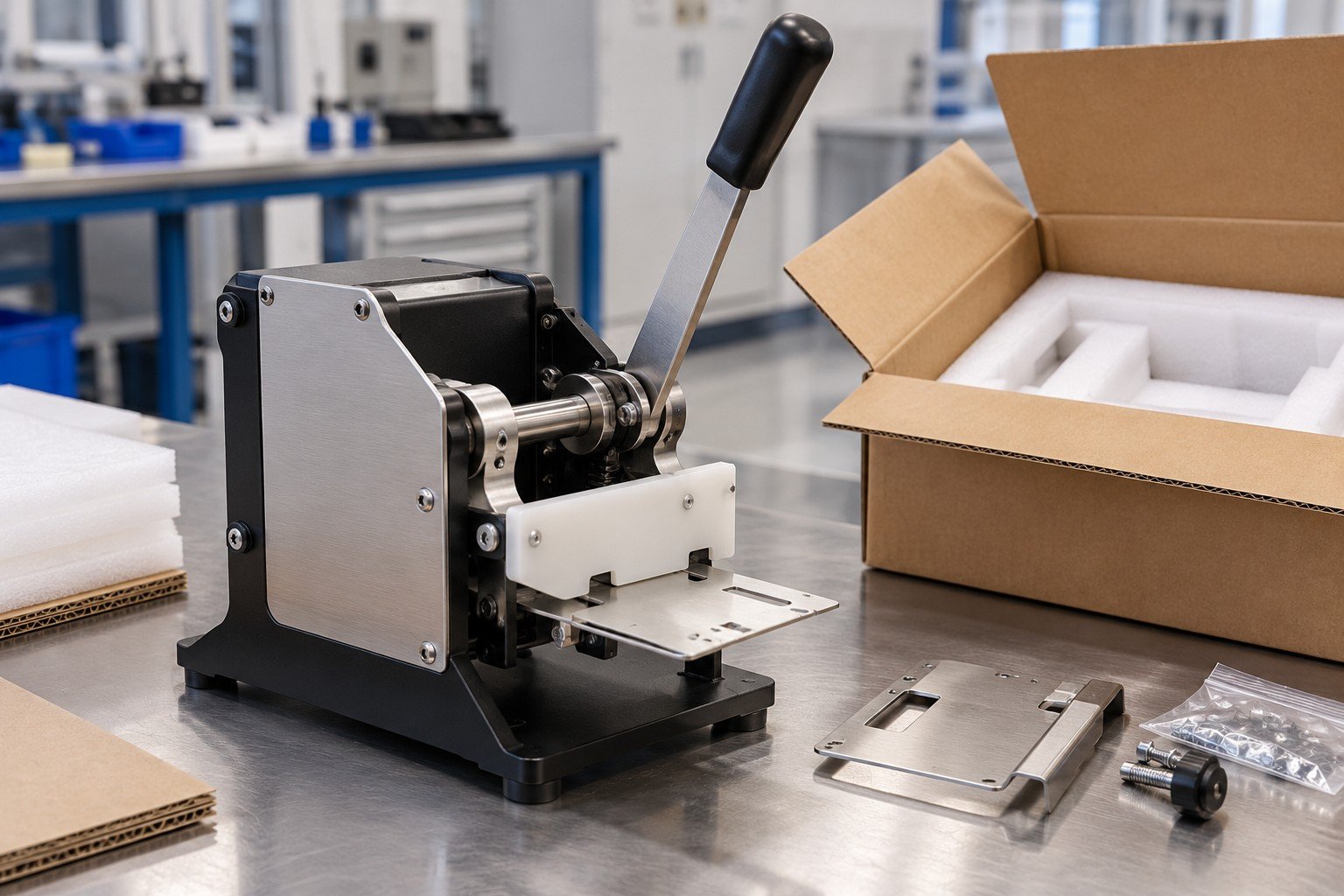 Finished metal and polymer benchtop dispenser mechanism with lever, enclosure, shaft and removable guide plate, mechanism supported at its strong base while lever is isolated from packing load