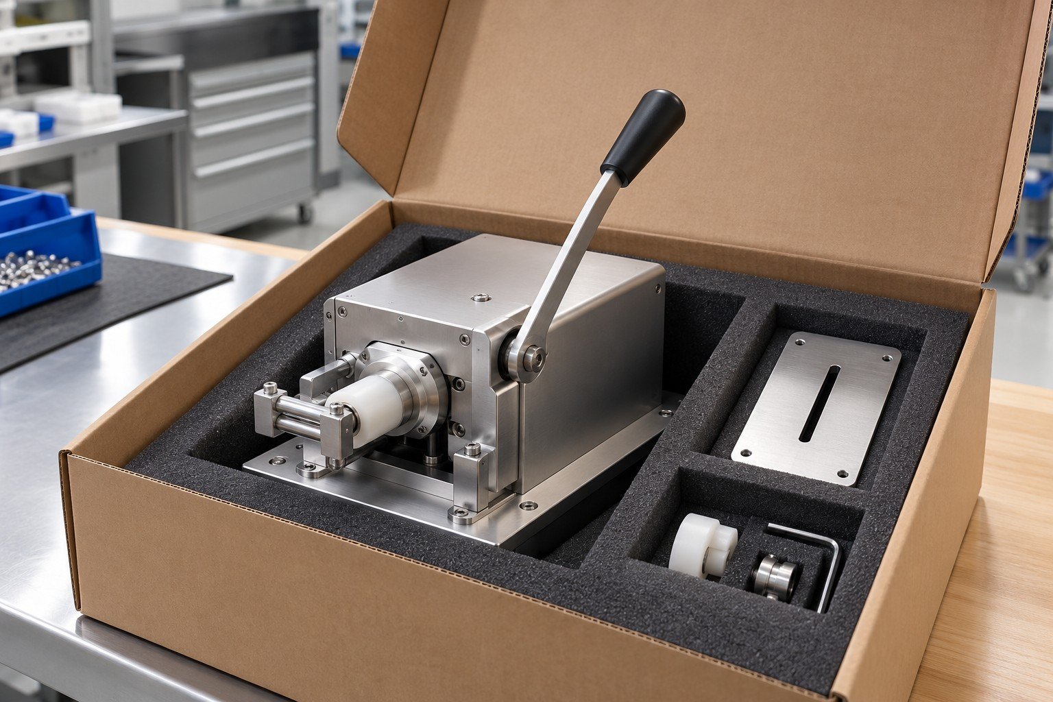 Finished metal and polymer benchtop dispenser mechanism with lever, enclosure, shaft and removable guide plate, mechanism snugly seated in foam with independent accessory pocket in open carton