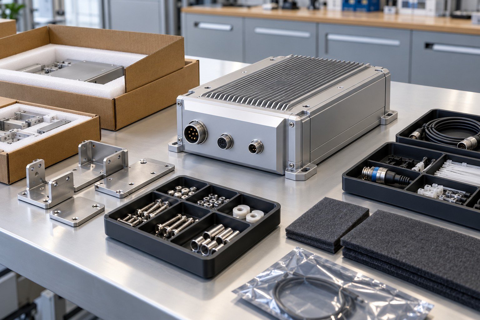 Incoming industrial product components and distinct supplied accessory trays on clean bench