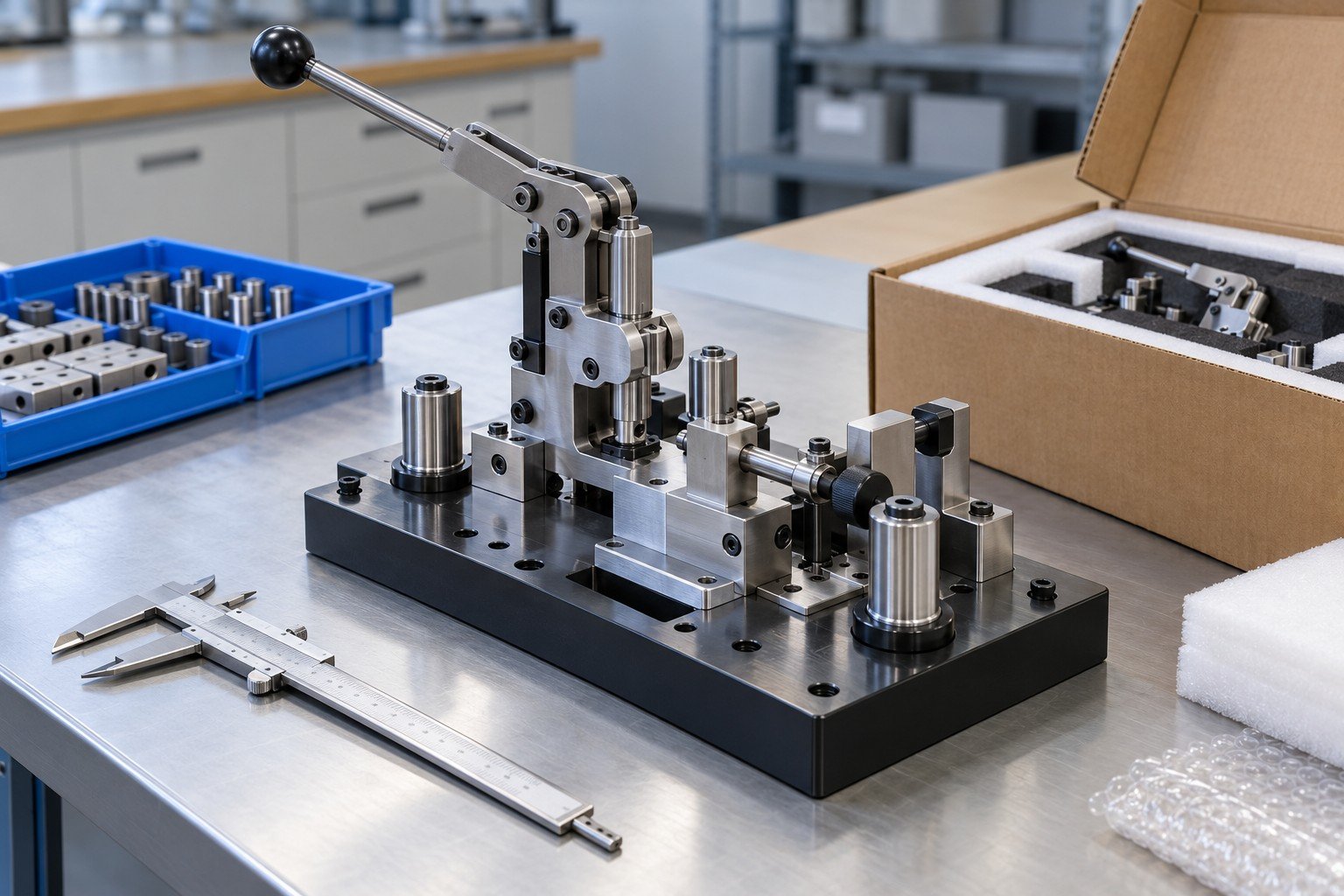Fully assembled manual positioning tool on checking nest with caliper, no false readings
