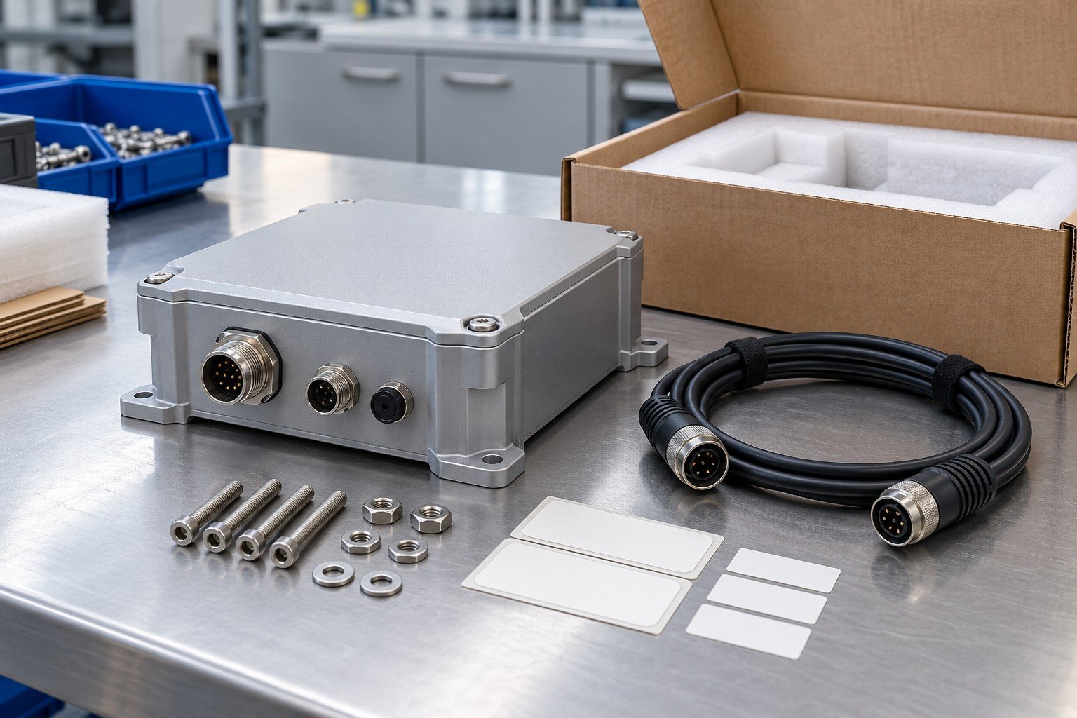Finished instrument housing with separate matching cable, mounting hardware and blank labels