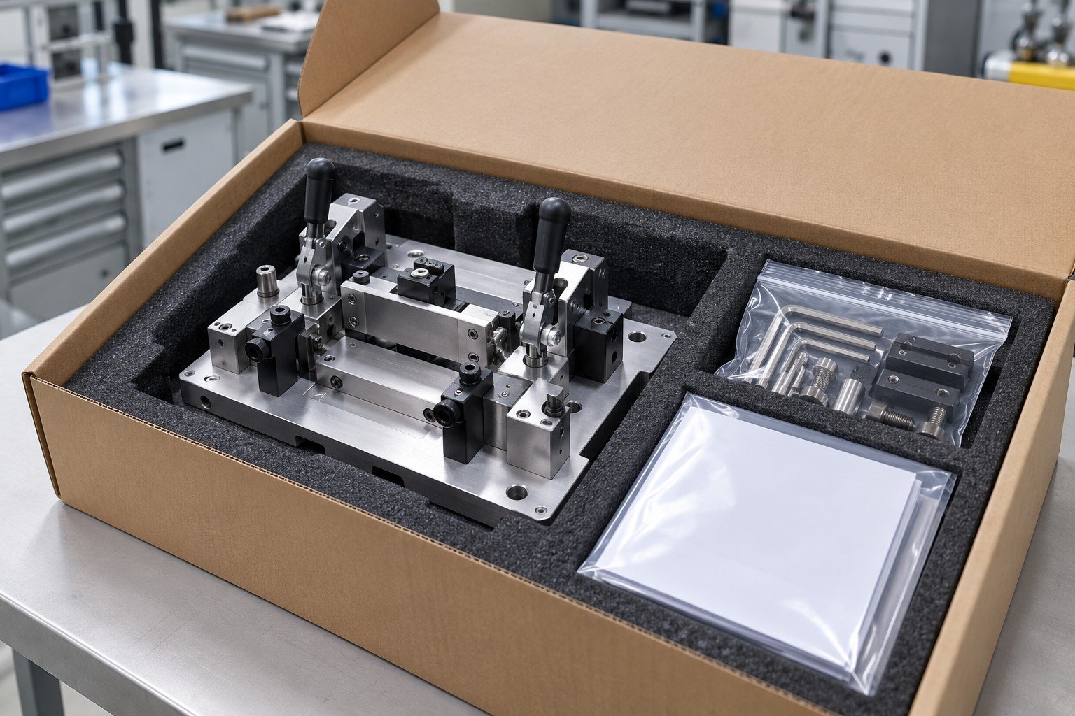 Final assembled manual fixture in fitted cushioning with accessory pack and document sleeve