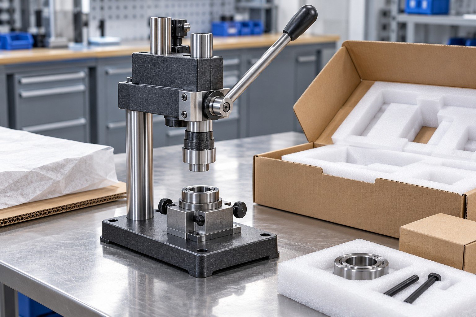 Finished compact manual bearing-press fixture with rectangular base, two steel columns, unpowered hand lever and adjustable lower nest, first completed product beside packing materials awaiting review