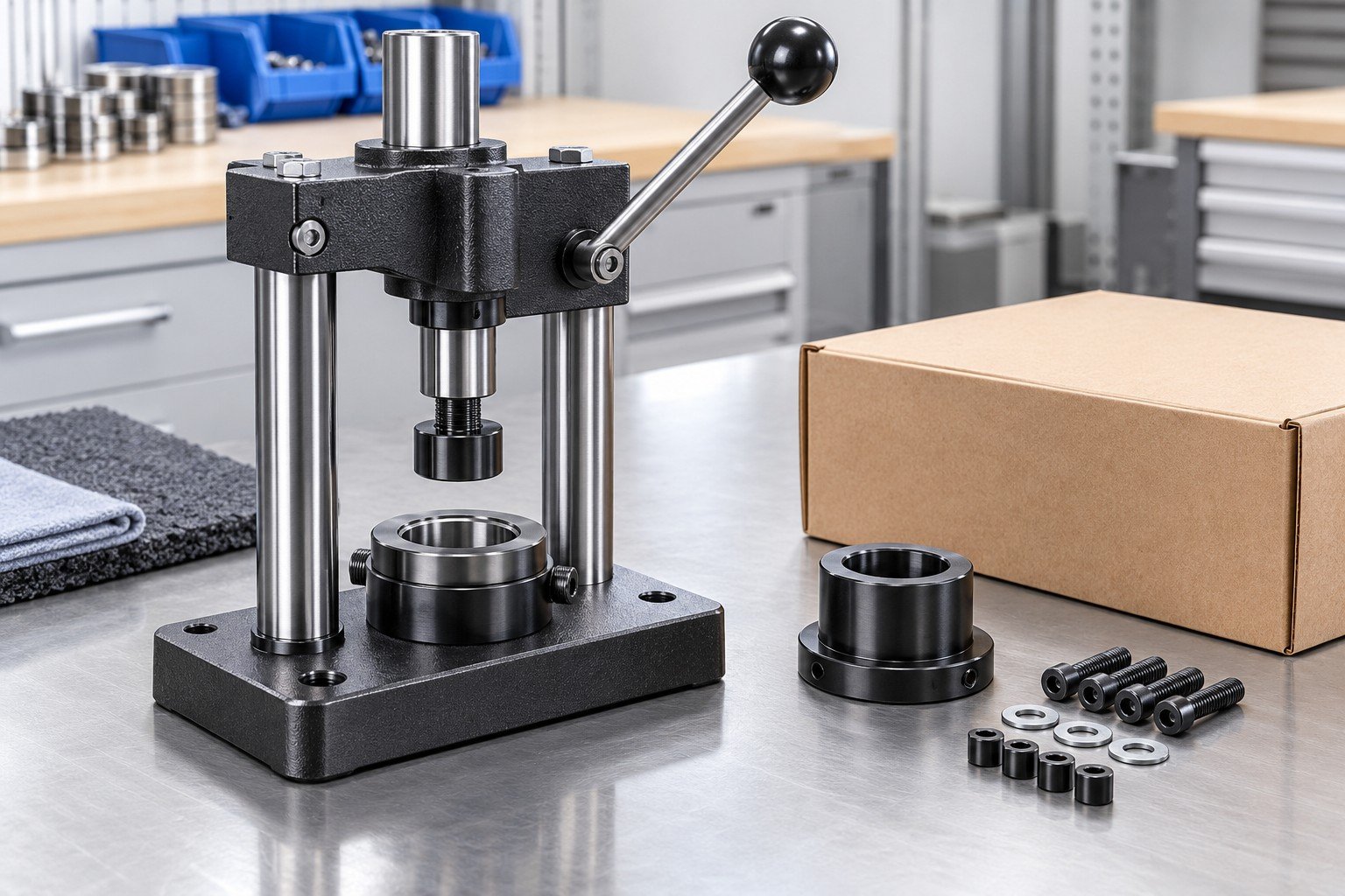 Finished compact manual bearing-press fixture with rectangular base, two steel columns, unpowered hand lever and adjustable lower nest, assembled fixture next to detached accessory nest and fastening pack