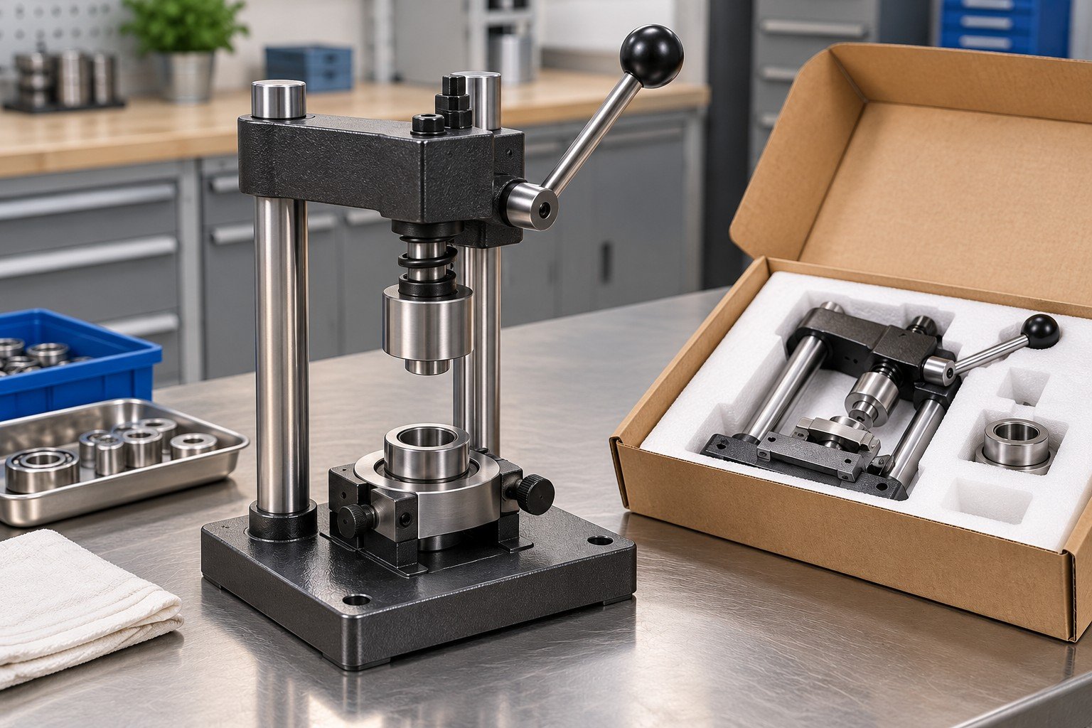 Finished compact manual bearing-press fixture with rectangular base, two steel columns, unpowered hand lever and adjustable lower nest, finished product and approved sample-style carton insert with no text