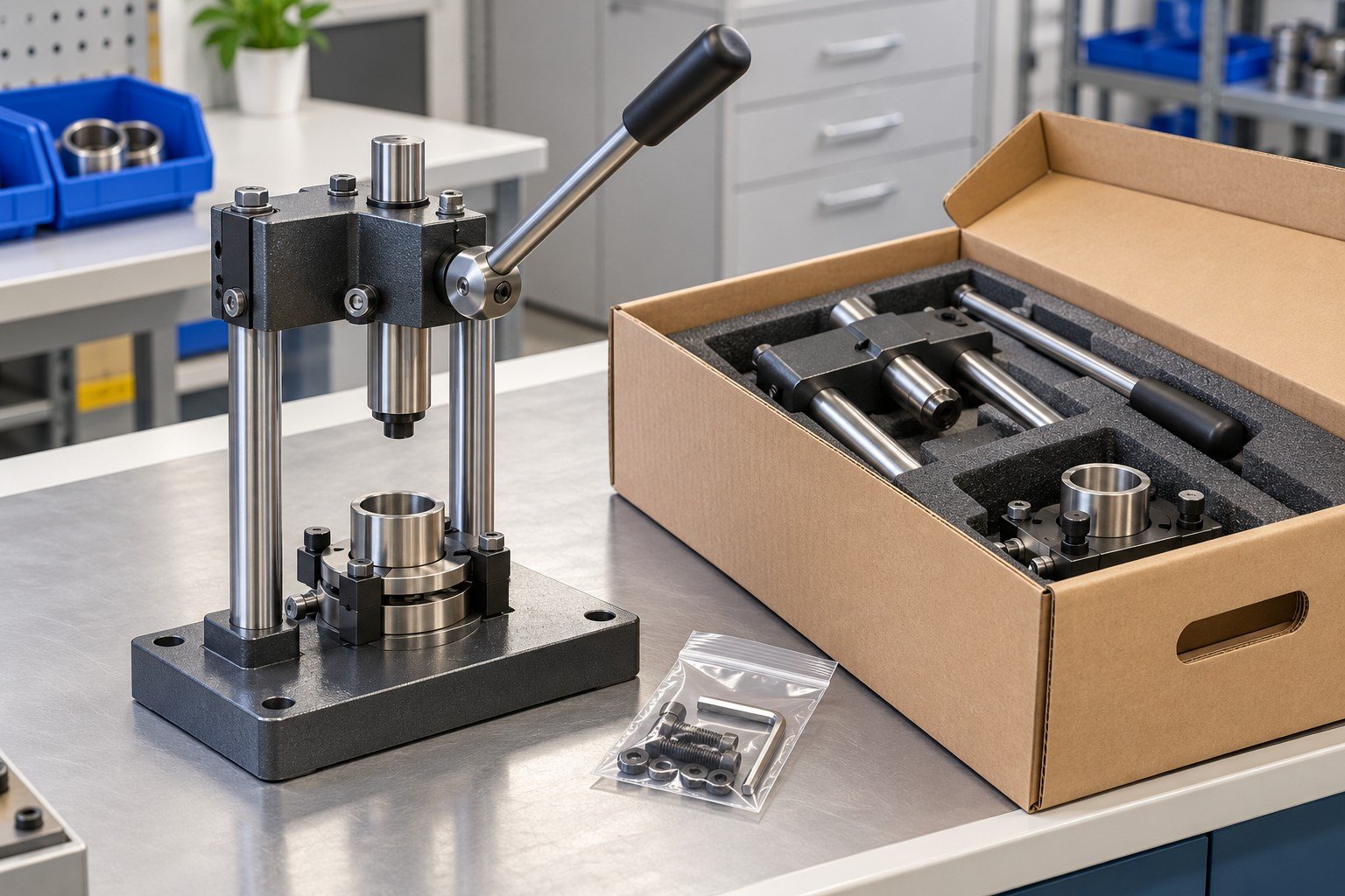 Finished compact manual bearing-press fixture with rectangular base, two steel columns, unpowered hand lever and adjustable lower nest, complete product fitted into reinforced carton with handles protected and clean hardware bag