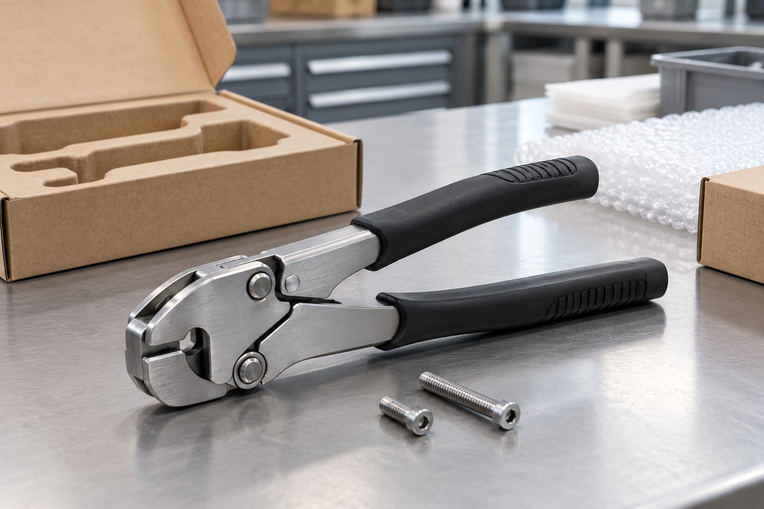 Small finished manual tool with joint seated flush, two correct fastener lengths beside it