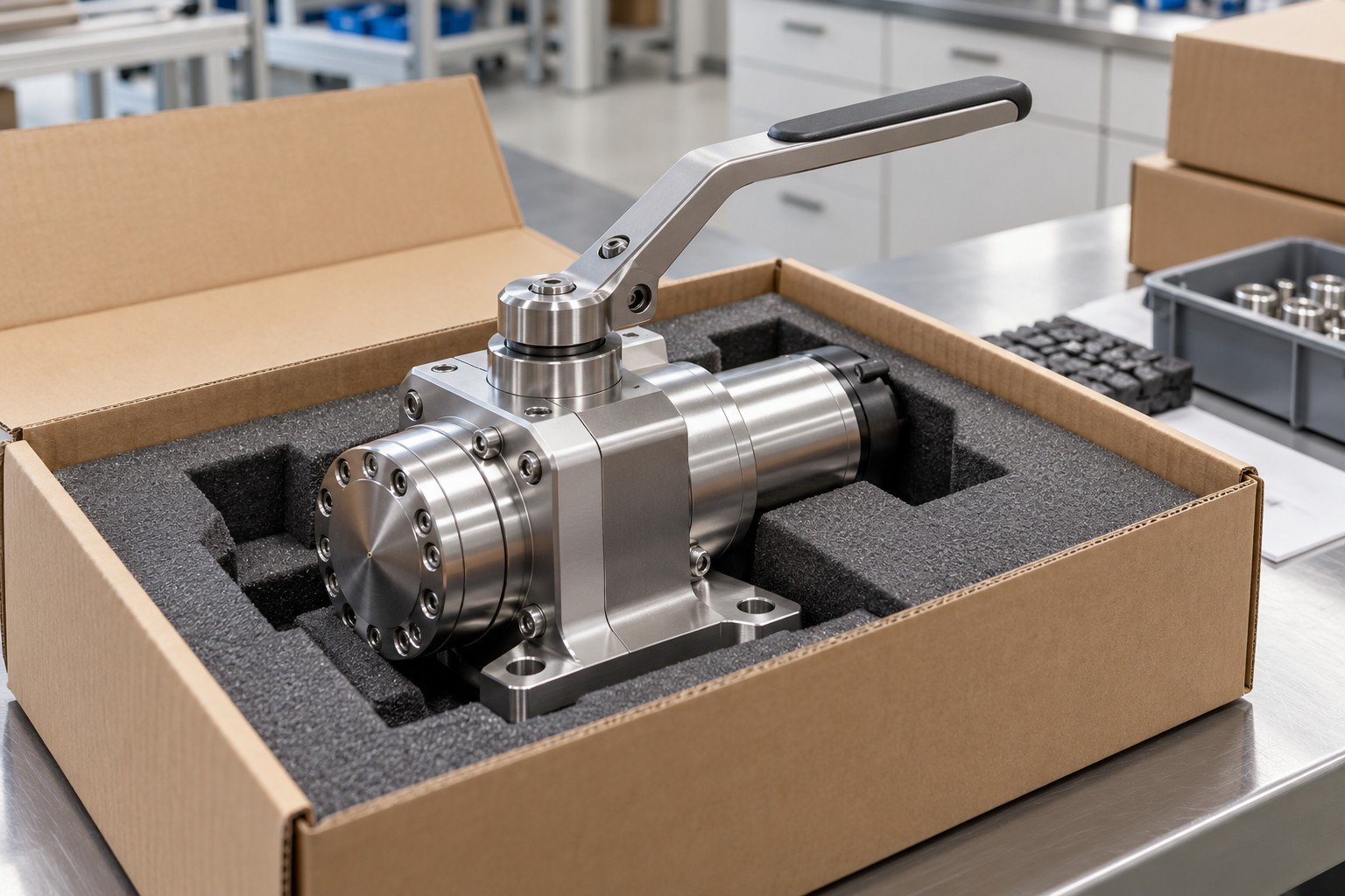 Industrial product supported at its robust base in shaped foam, delicate projecting handle unloaded