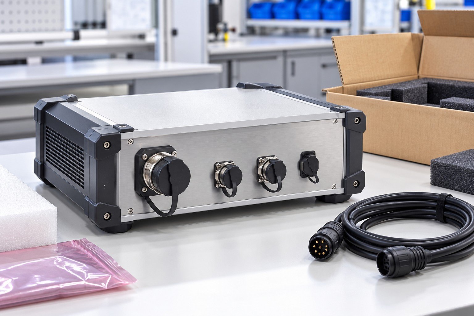 Finished bench instrument housing with protected connector ports and unpowered cable beside it