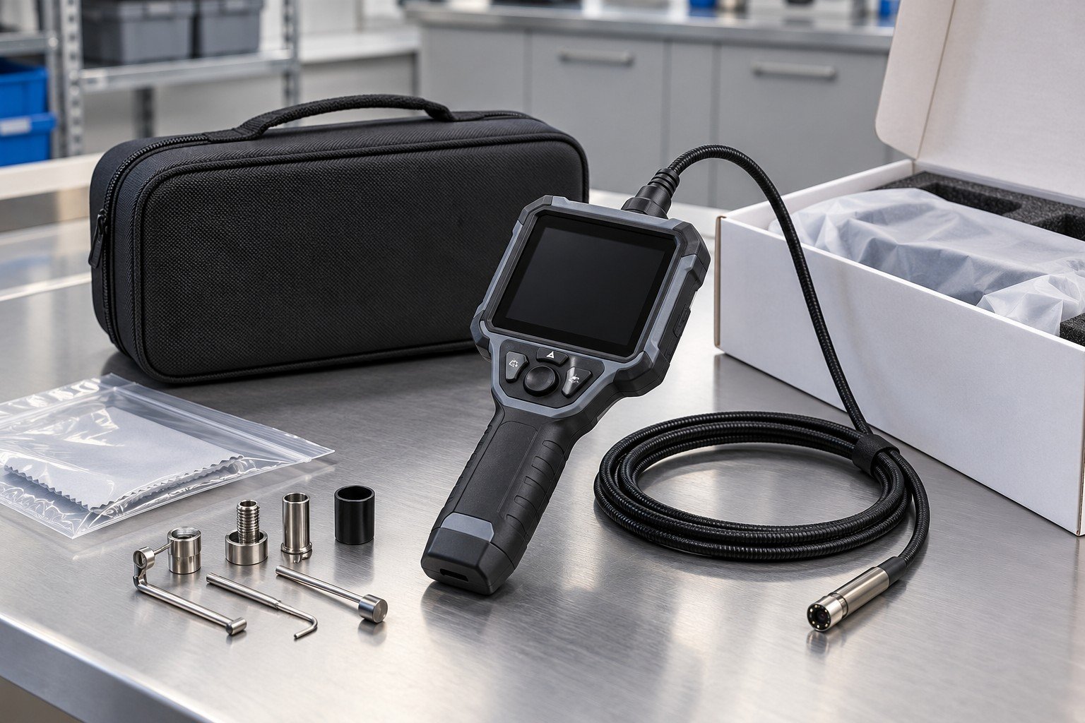 Finished manual inspection device with protective bag, dry clean packaging and separated metal accessories