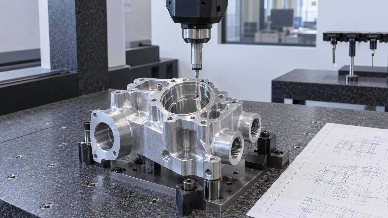 Illustrative CMM setup for an aluminum manifold inspection
