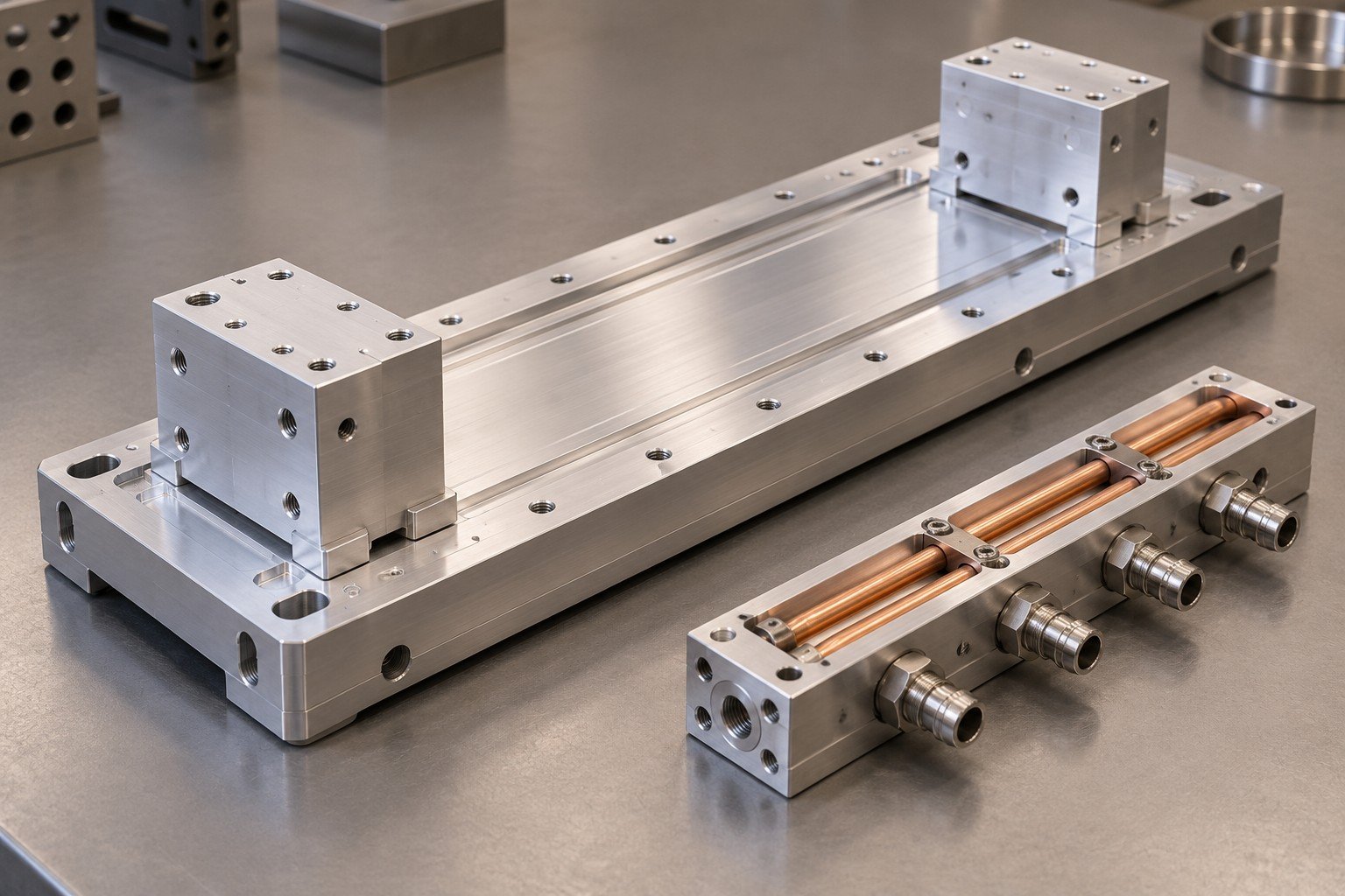 Illustrative unpowered bare laser-module mechanical carrier and cooling baseplate with inert dummy blocks concept; not documentary customer photography